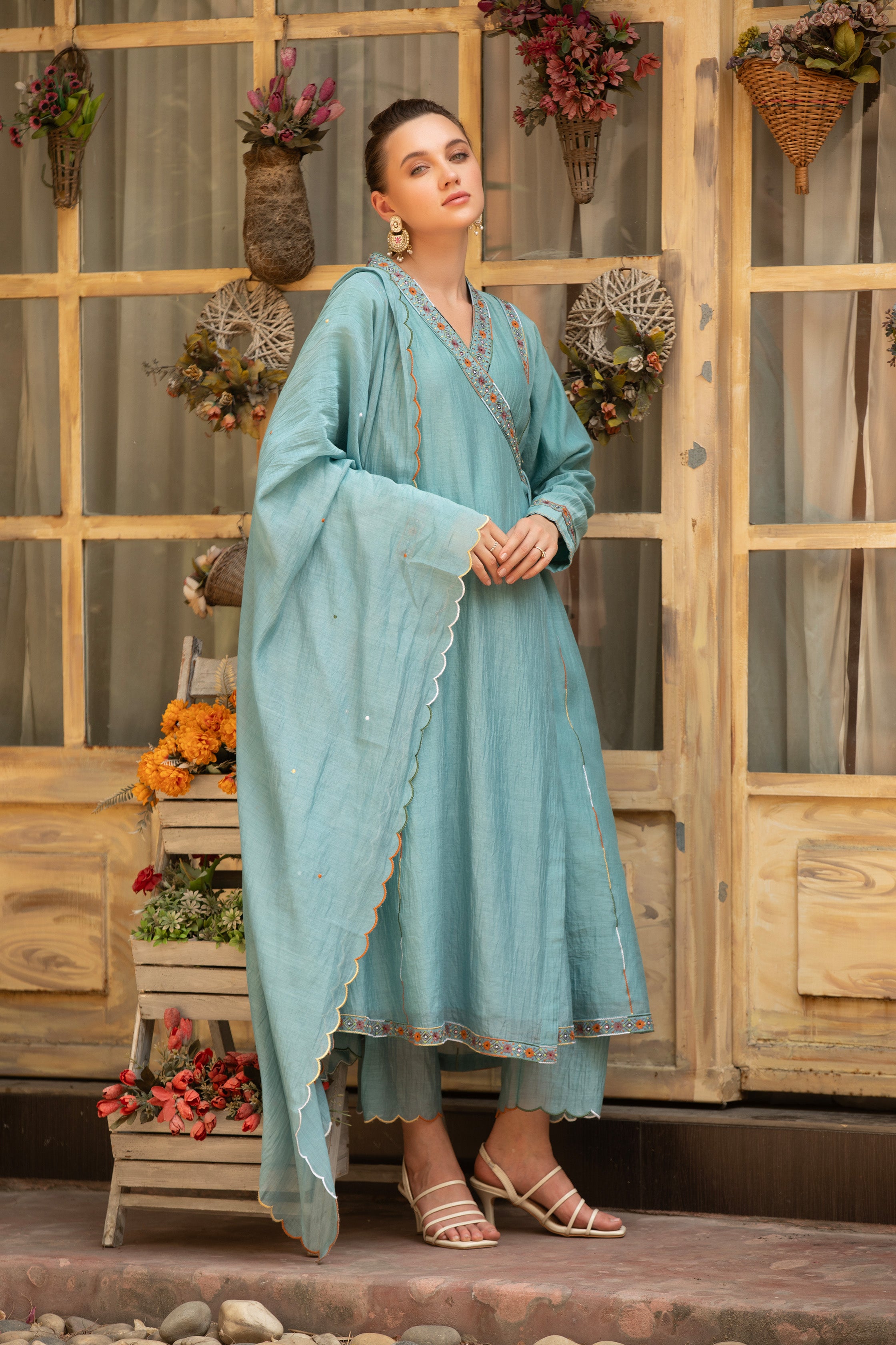 MEHERBAAN ANGRKHA KURTA SET TURQUISE