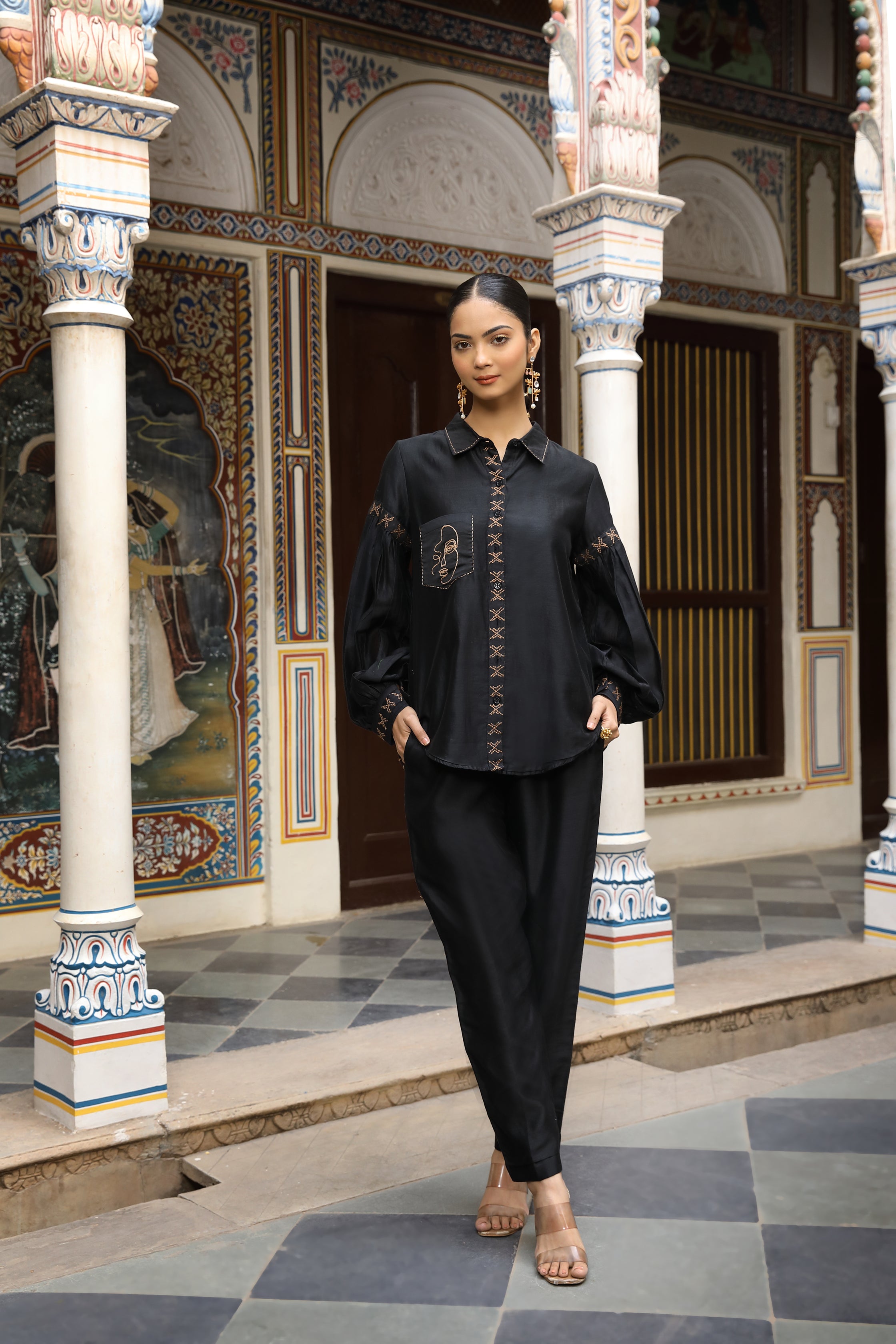 Black Chanderi Silk Co-Ord Set with Faces Thread Embroidery