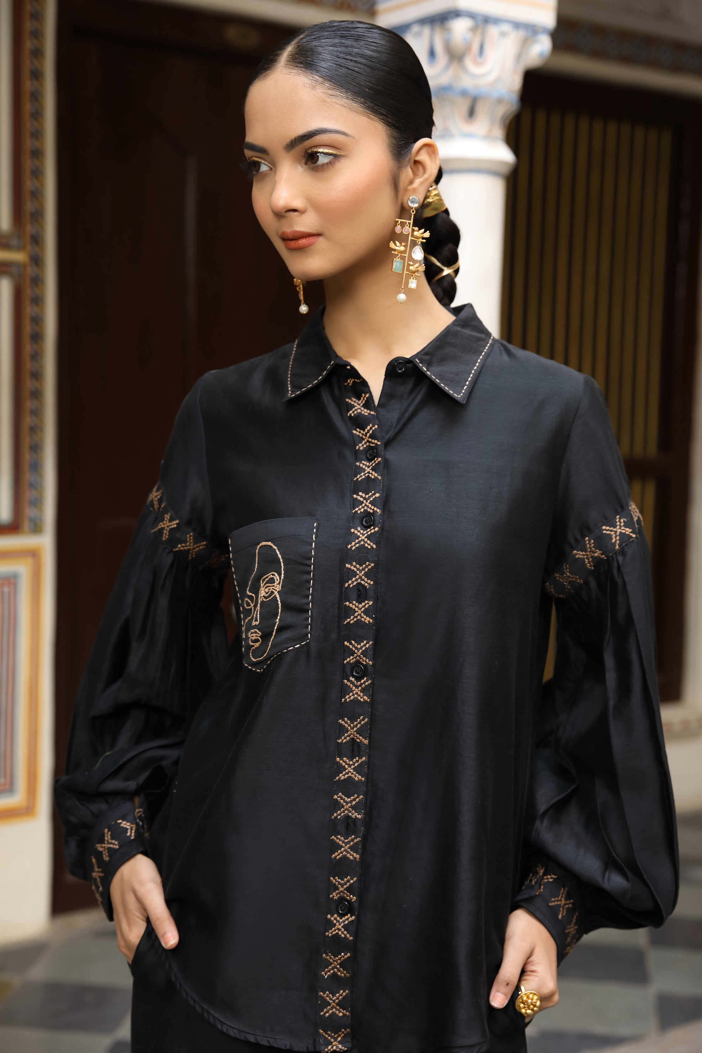 Black Chanderi Silk Co-Ord Set with Faces Thread Embroidery