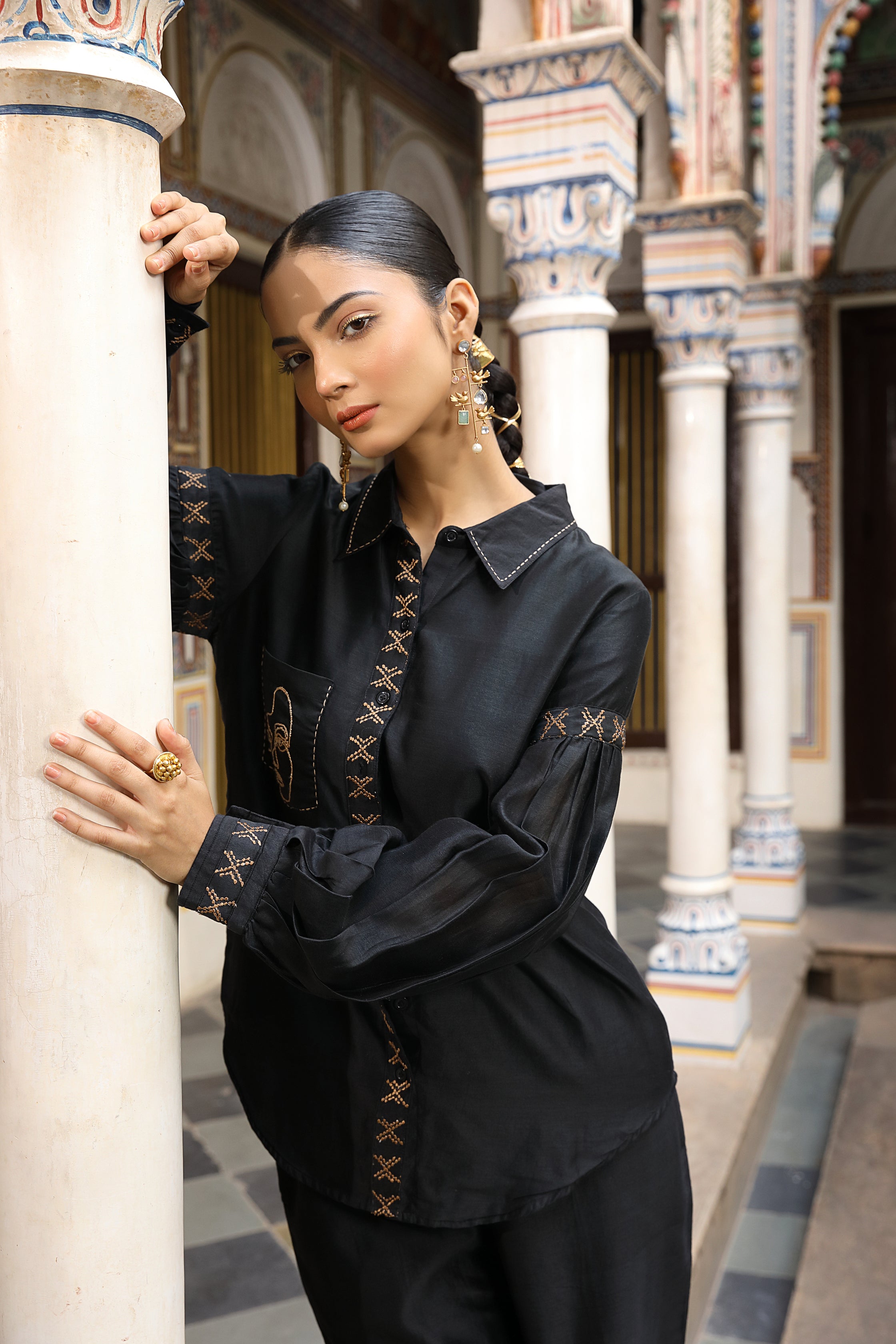Black Chanderi Silk Co-Ord Set with Faces Thread Embroidery