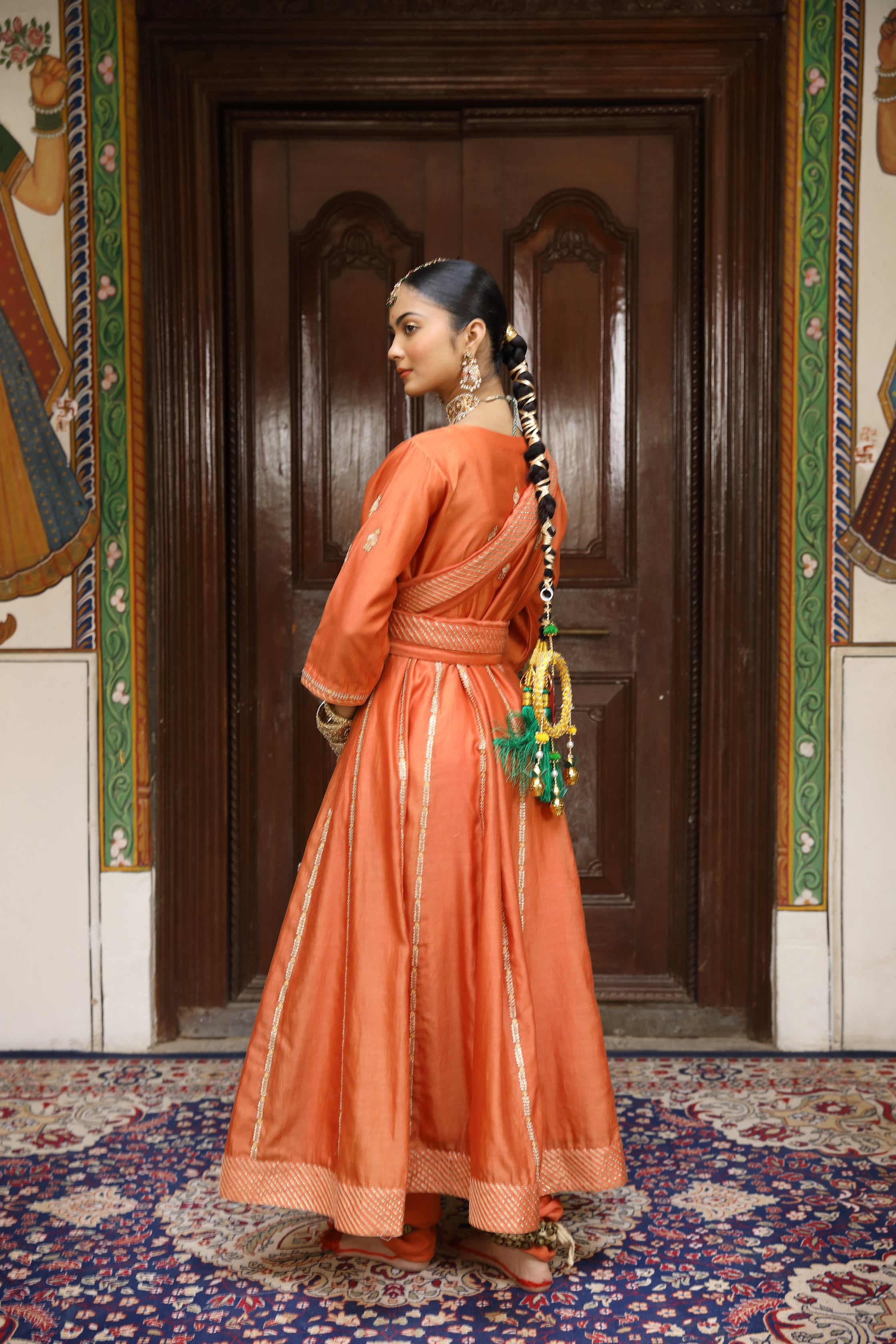 Rust Glass Neck Zardosi Kurta Set with Pichwai Dupatta