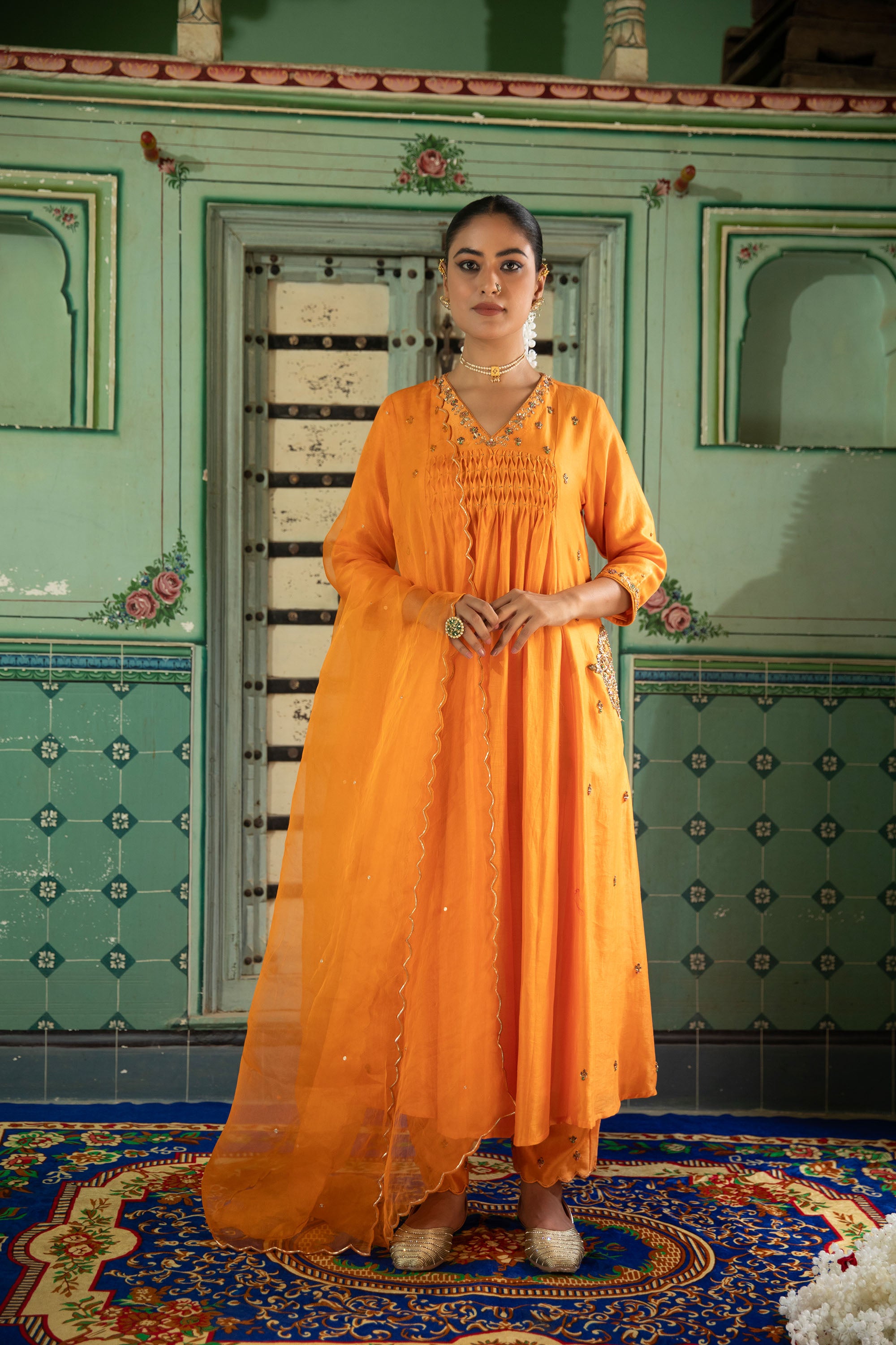 chanderi silk dress Rusty Chanderi Silk Dress and Pant Set  THE D ROOM
