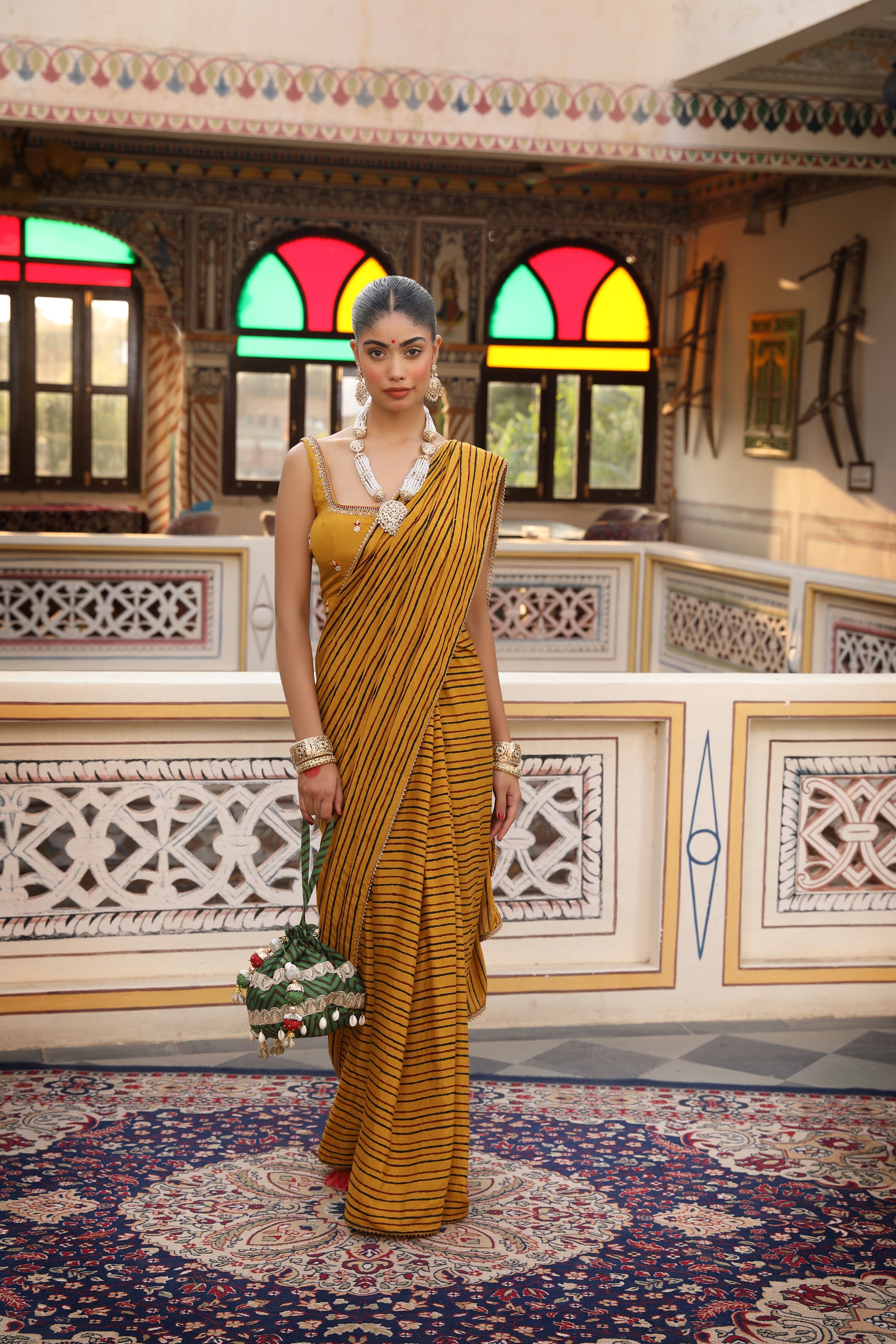Brick Rust Hand Block Printed Silk Chanderi Saree Set with Embroidered Blouse and Belt