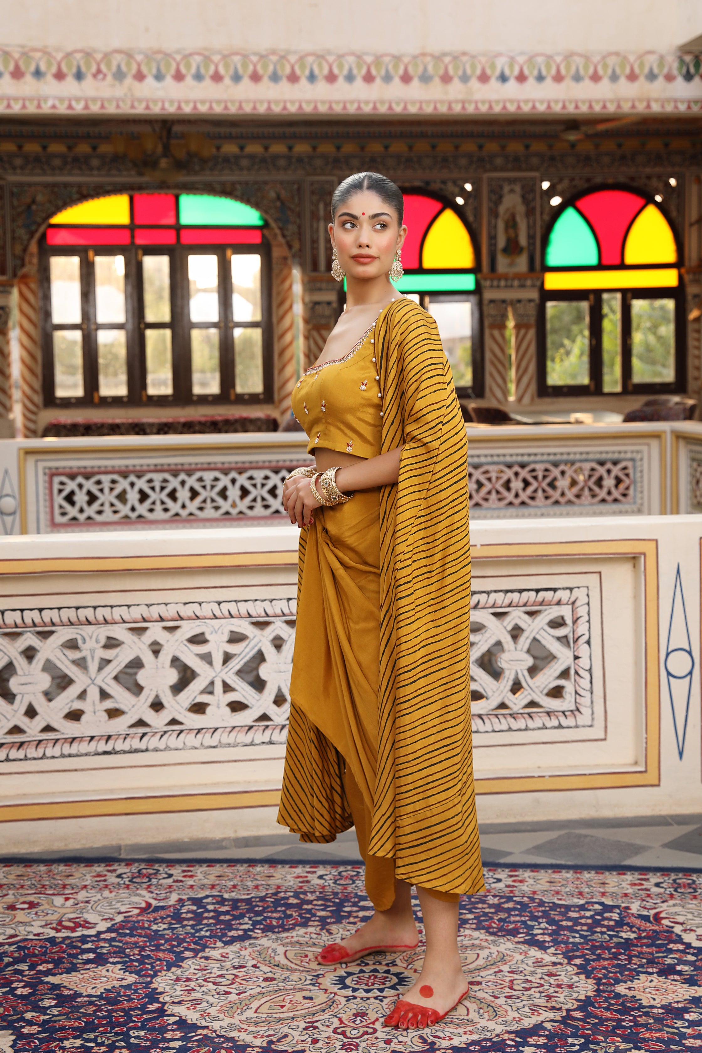 Gold Yellow Cape, Bustier, and Dhoti Skirt Set with Zardosi, Bead, and Pearl Embroidery