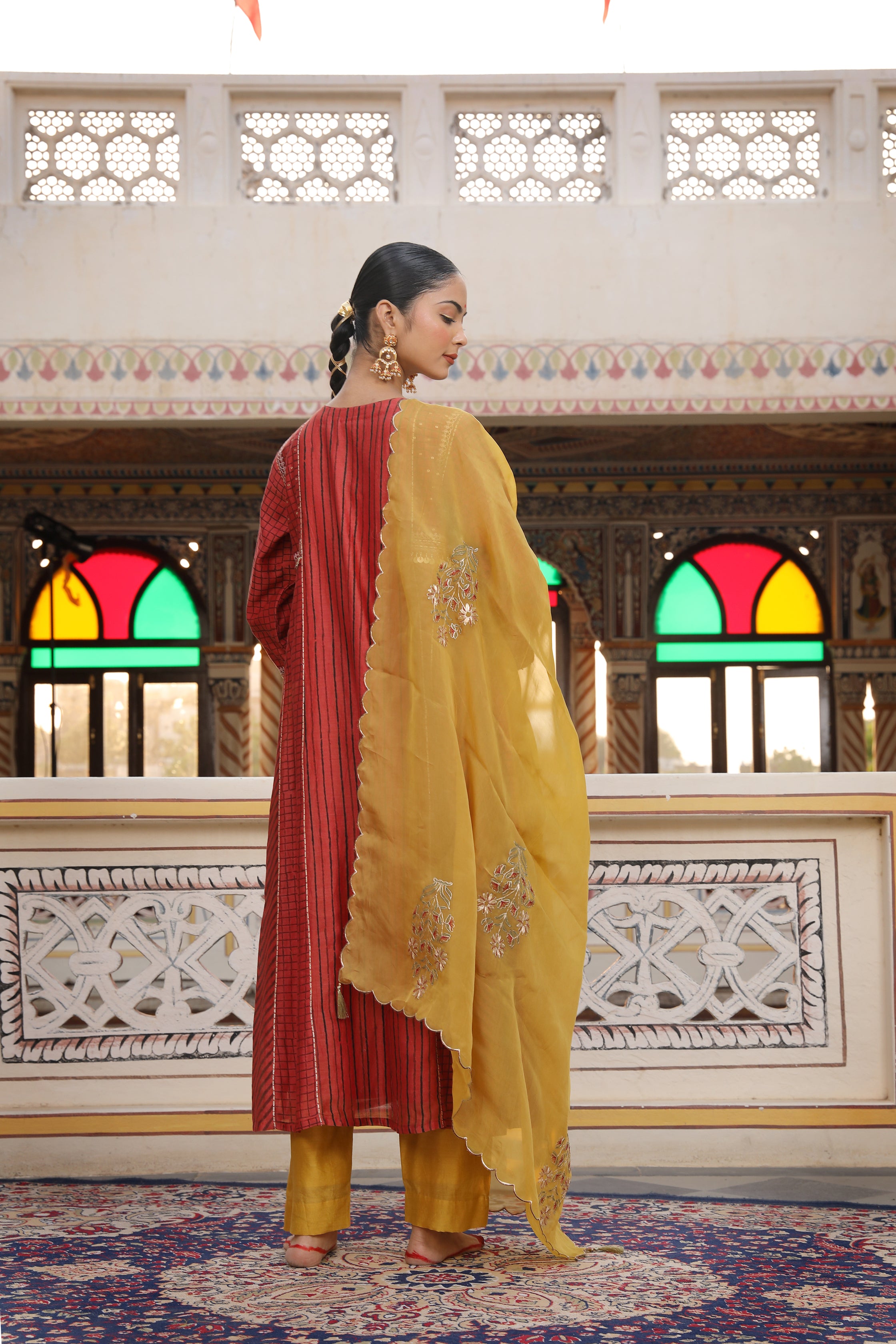 Gold Yellow Geometrical Suit Set with Hand Block Print and Pittan Embroidery