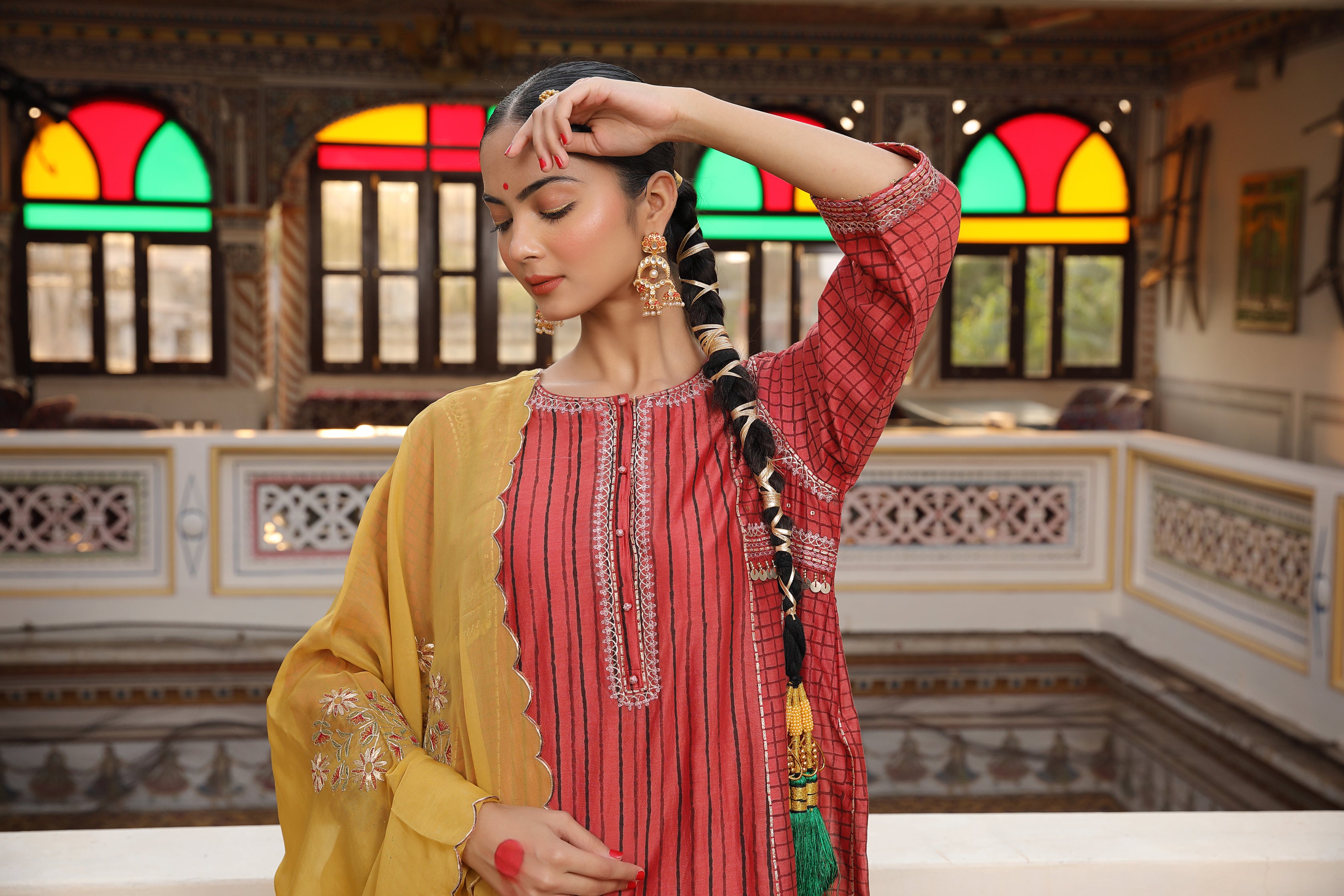 Gold Yellow Geometrical Suit Set with Hand Block Print and Pittan Embroidery