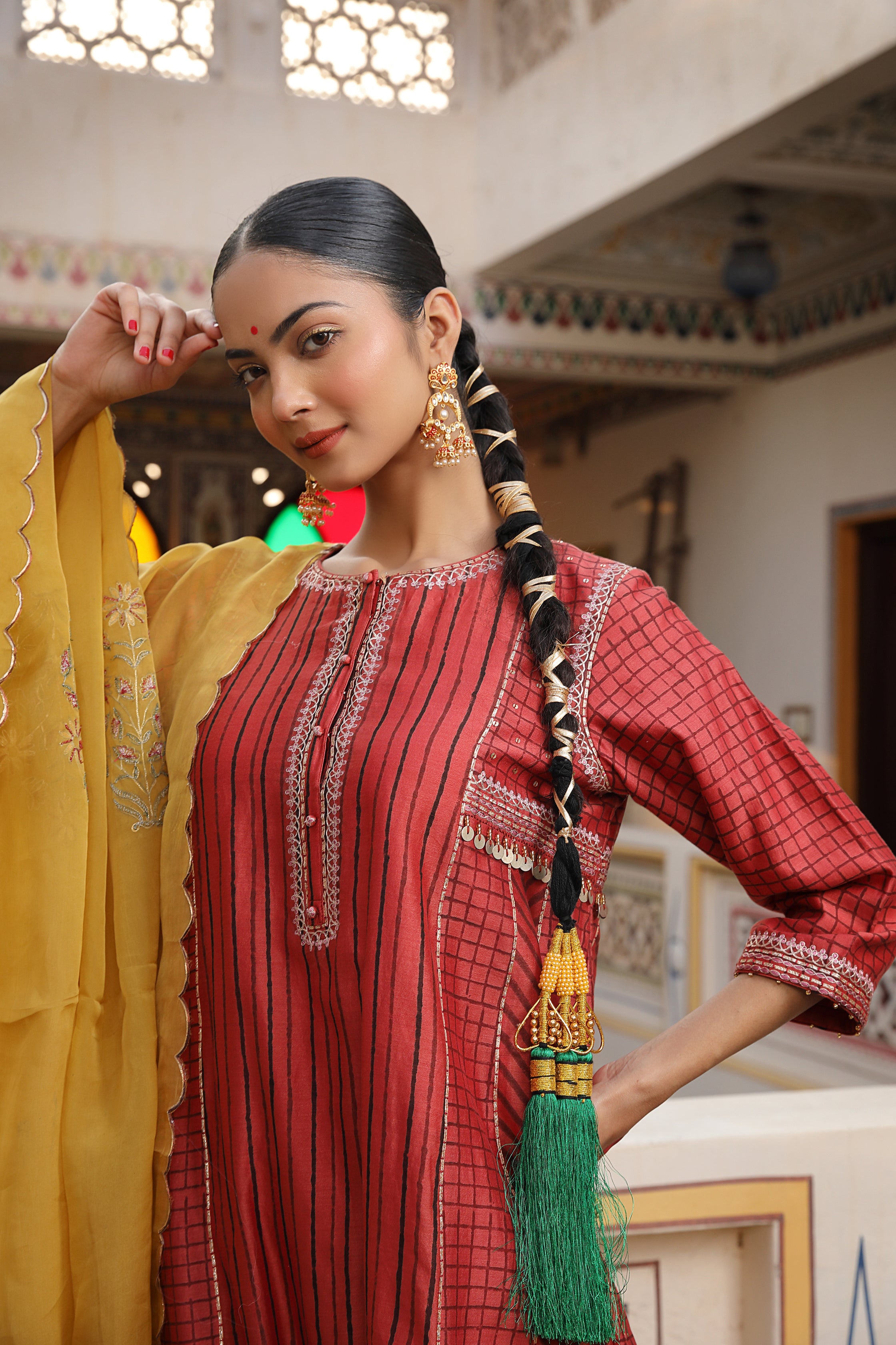 Gold Yellow Geometrical Suit Set with Hand Block Print and Pittan Embroidery