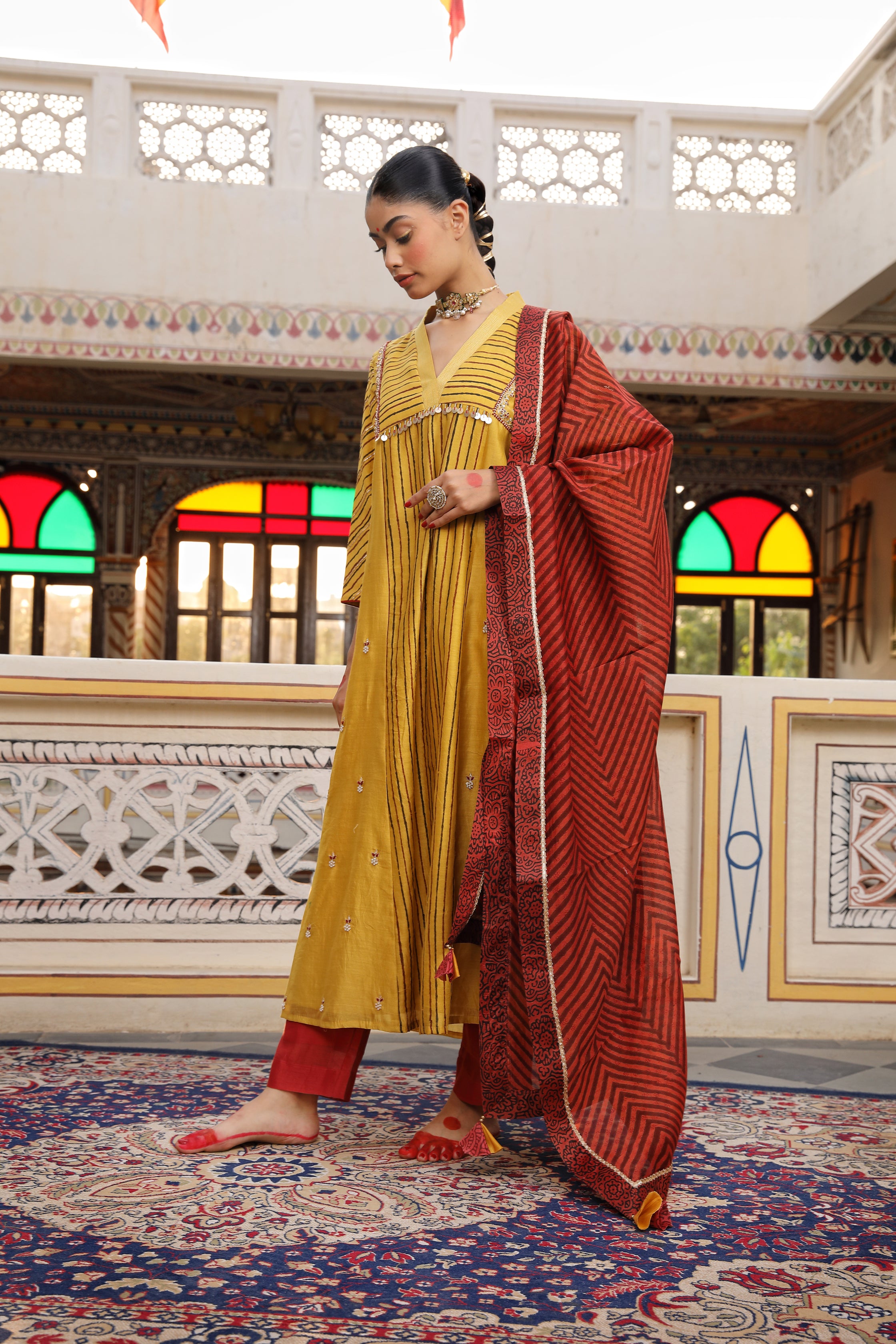 Mishri Gold Yellow Suit Set with Zardosi, Bead, and Pearl Embroidery