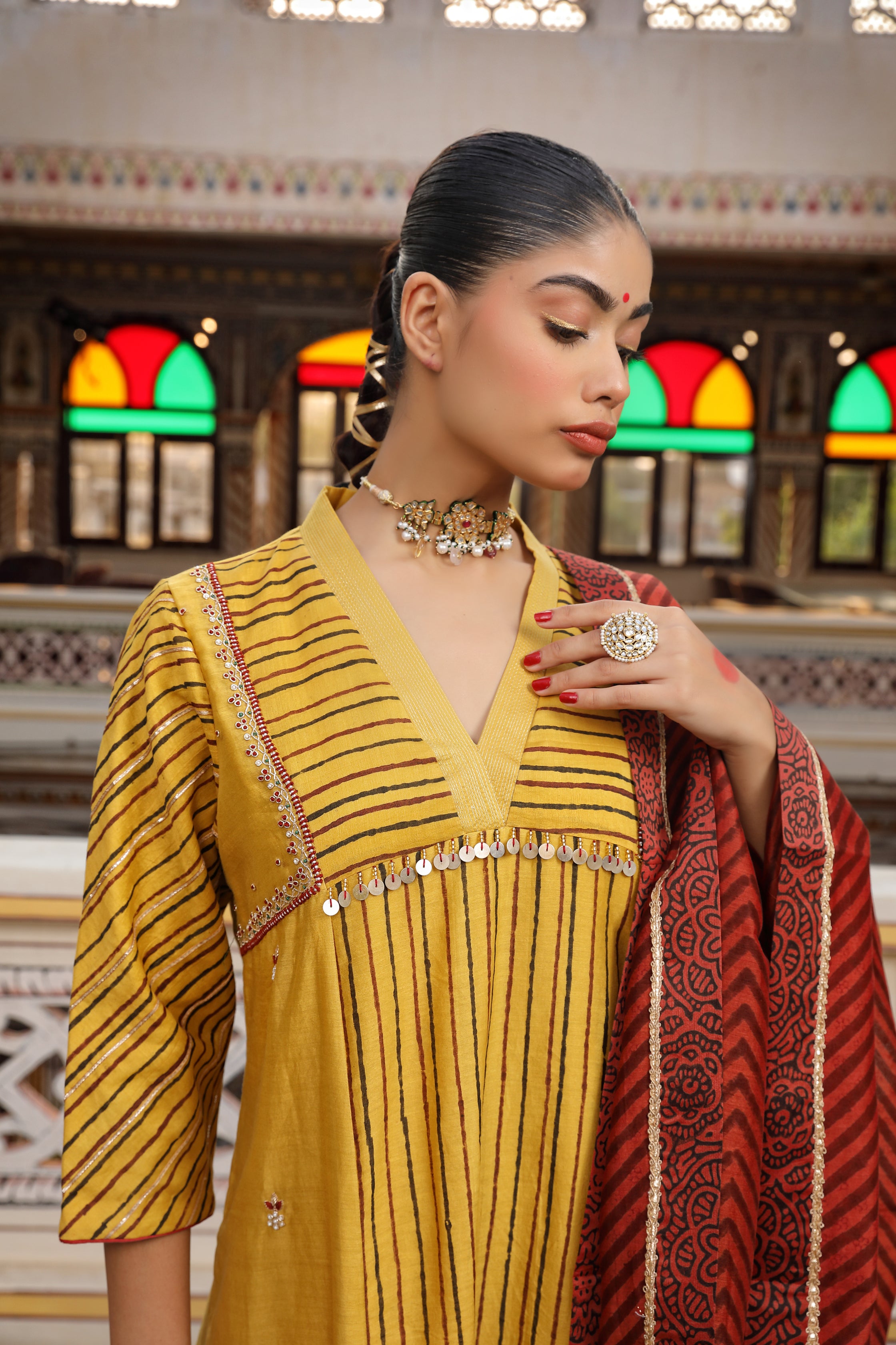 Mishri Gold Yellow Suit Set with Zardosi, Bead, and Pearl Embroidery
