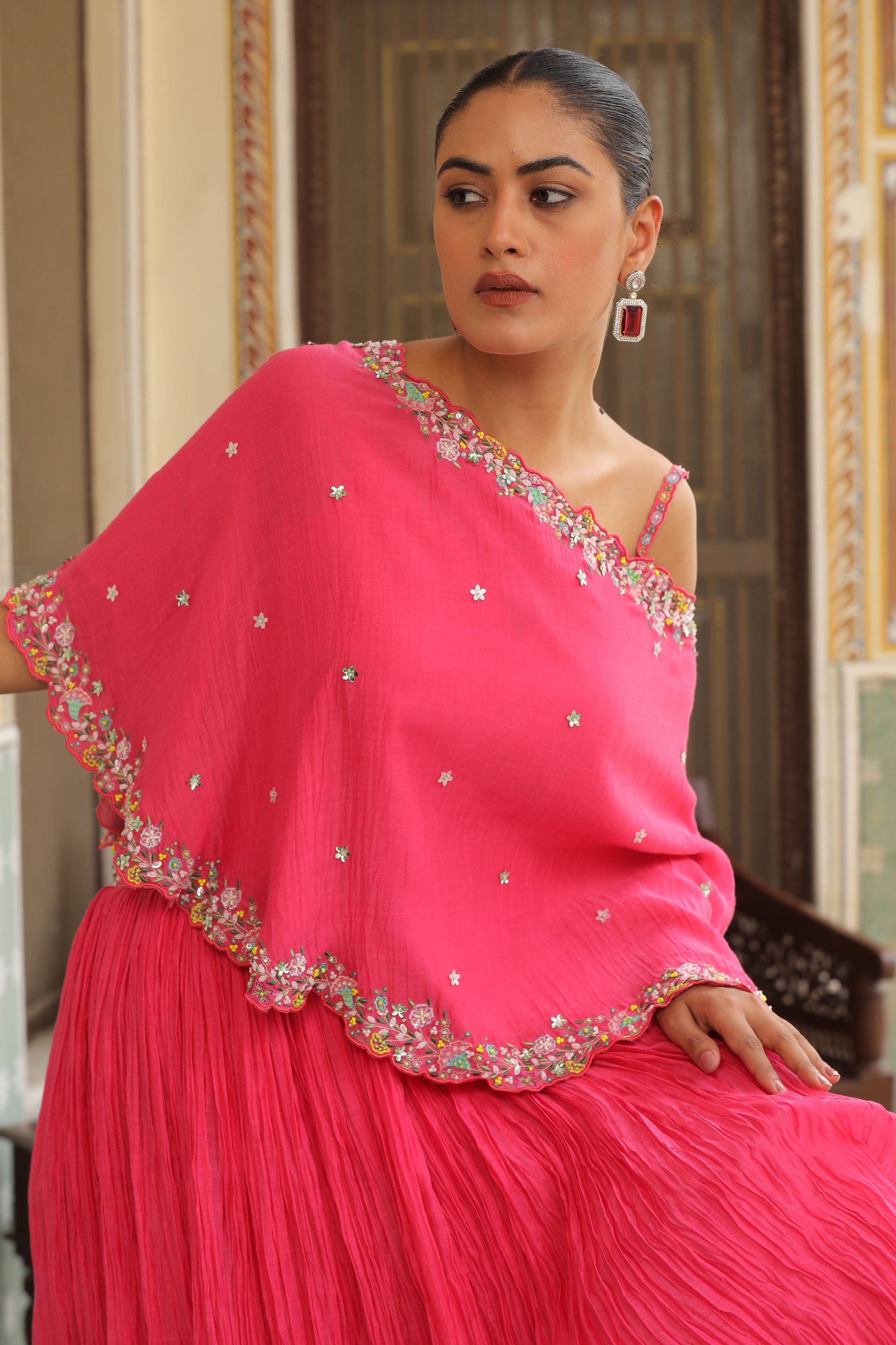 BERRY HOT PINK LEHENGA WITH BUSTIER CAPE