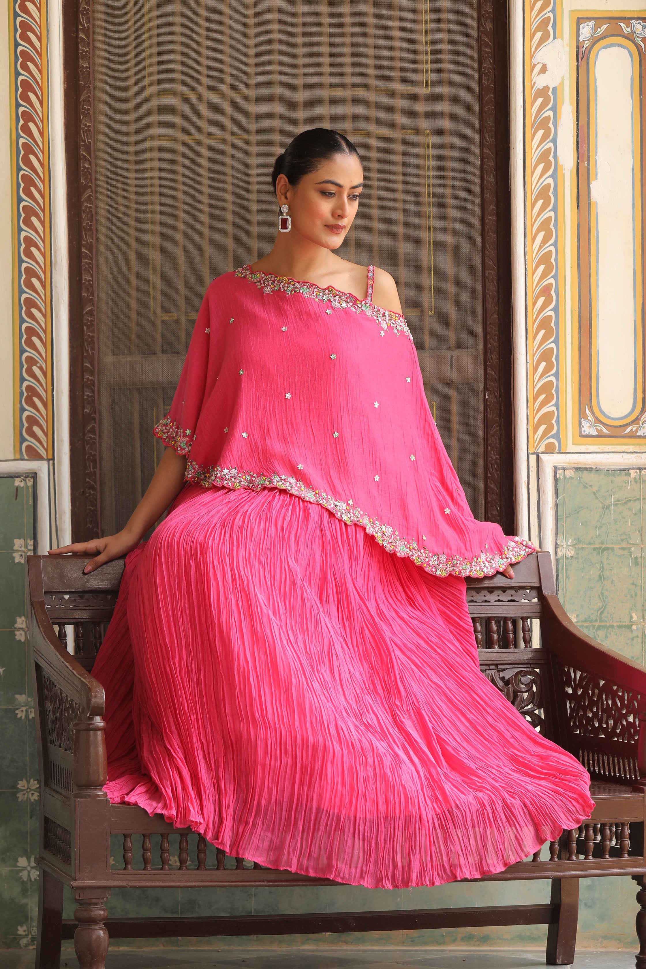 BERRY HOT PINK LEHENGA WITH BUSTIER CAPE
