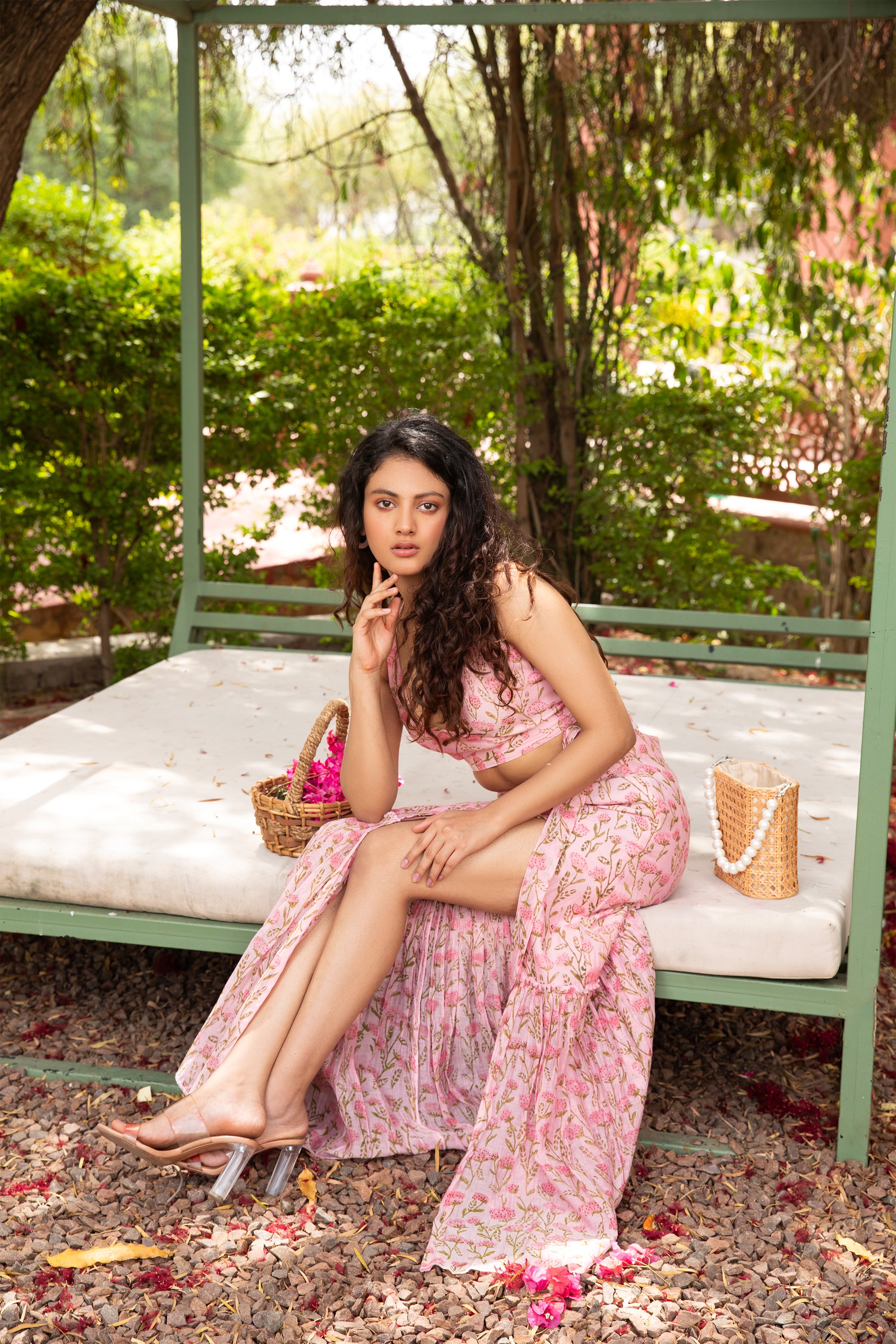 Bustier and Skirt Set in Pink with Bead and Thread Embroidery