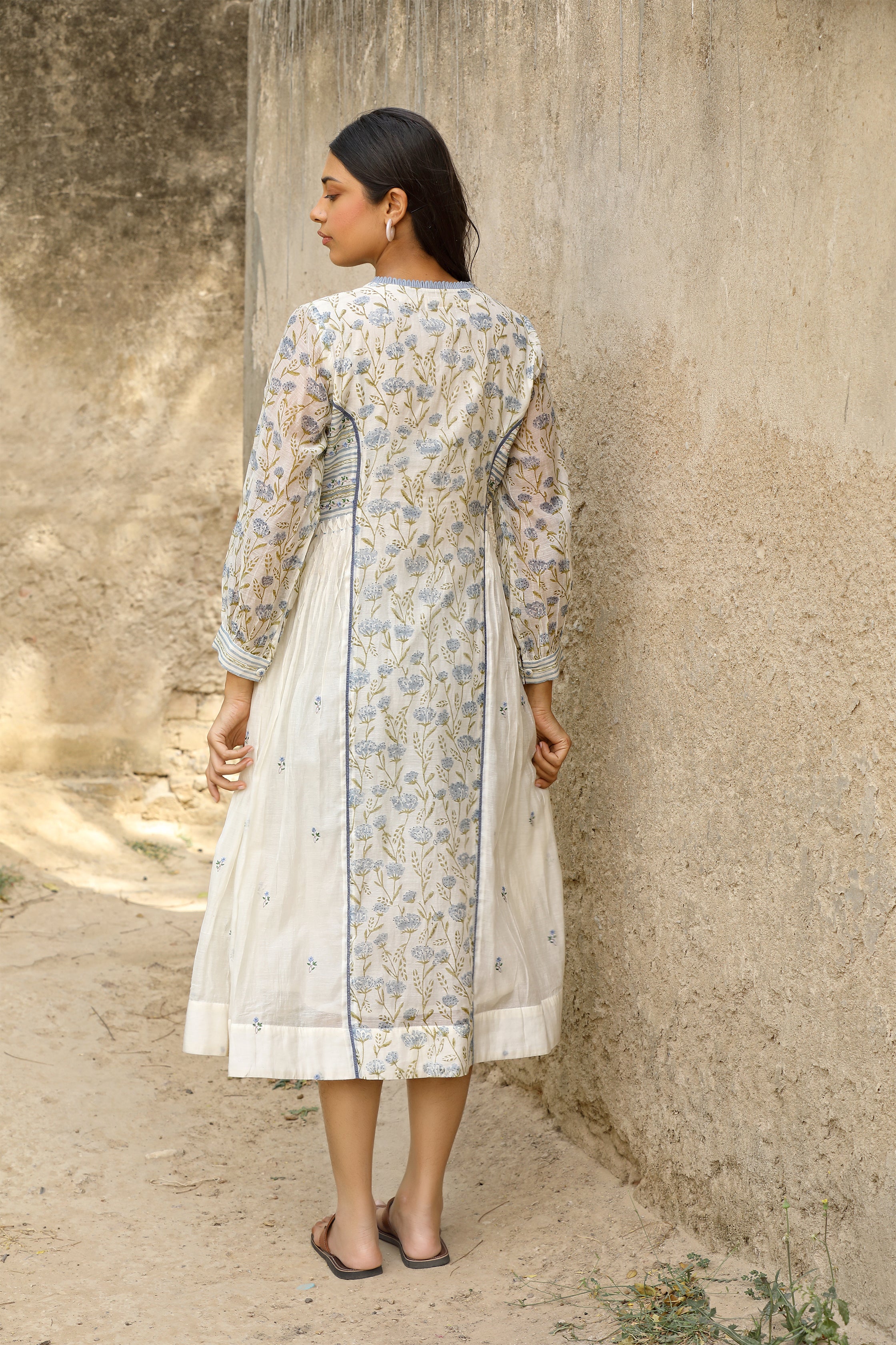 Collared Loops Dress in Off White with Bead and Thread Embroidery
