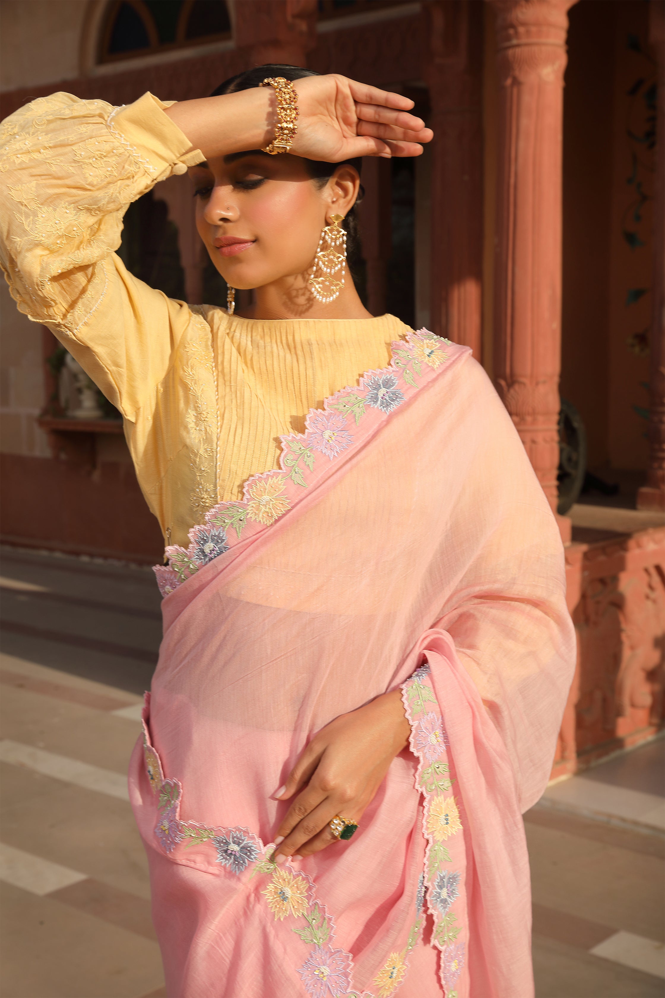 Pink Applique Saree with Multicolor Cutwork Border