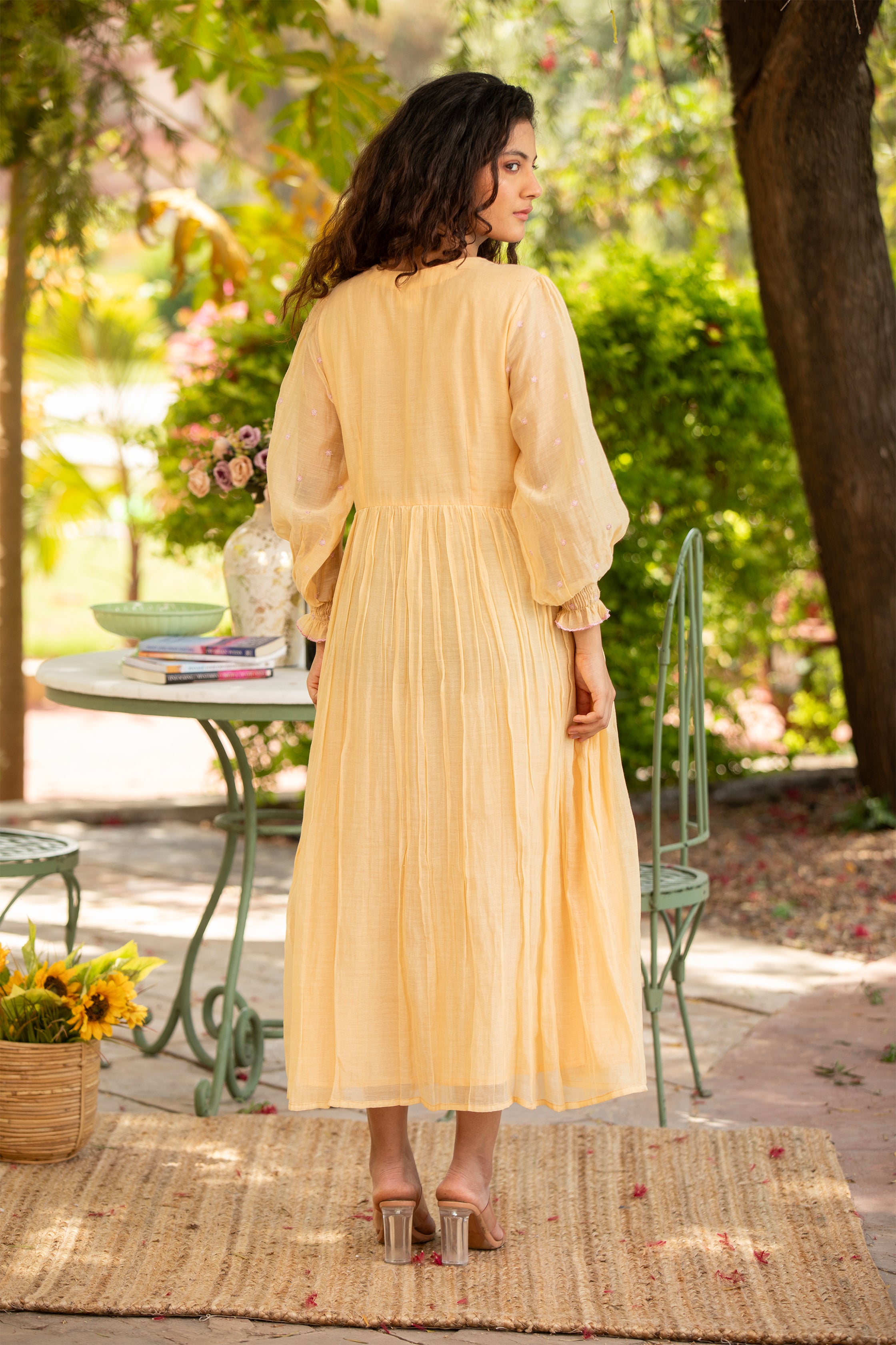 Yellow V-Neck Embroidered Dress Set with Frill Sleeves
