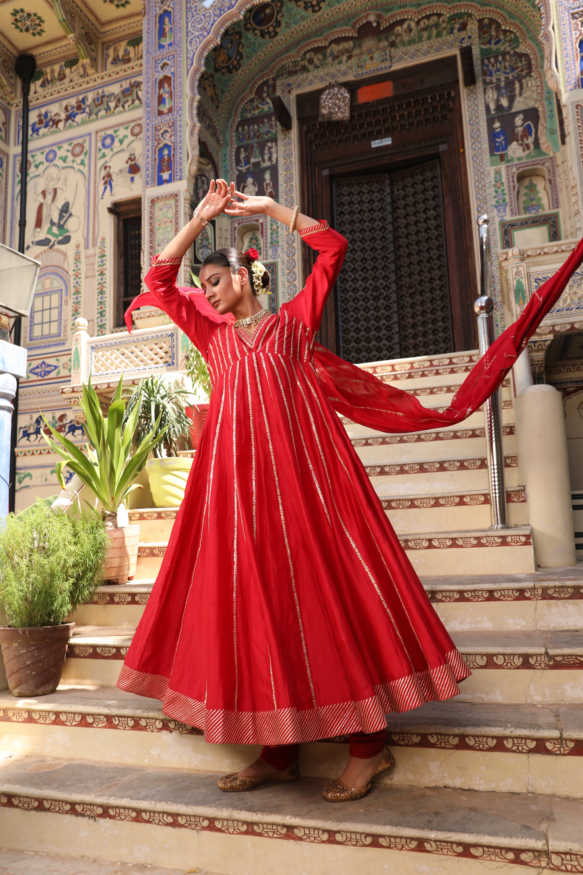 Begam Anarkali Set in Red with Hand Pitta Embroidery