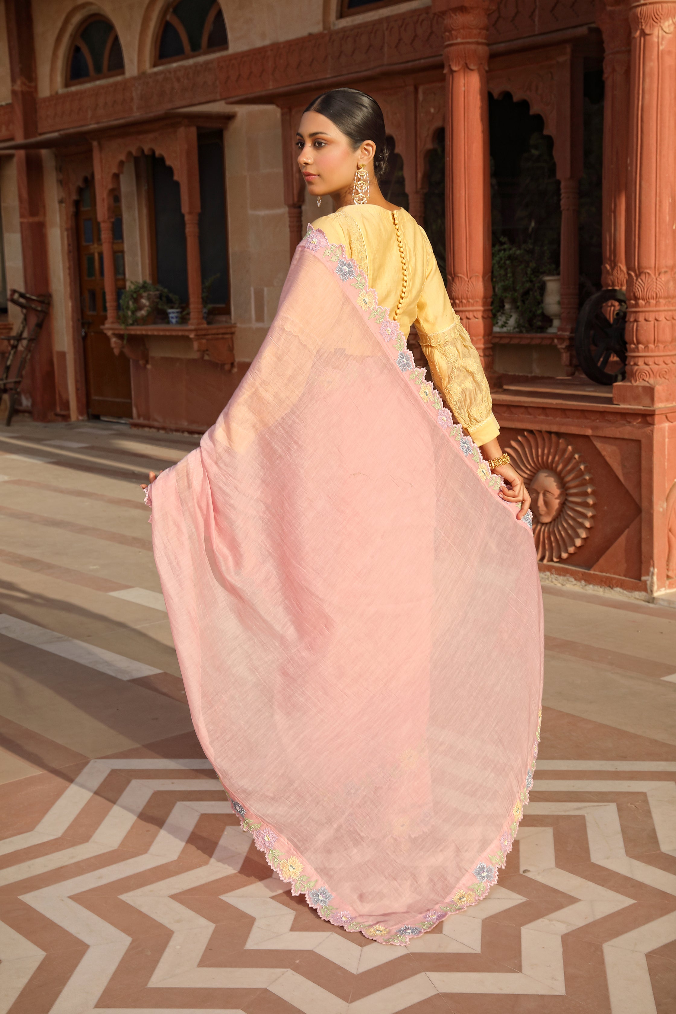 Pink Applique Saree with Multicolor Cutwork Border