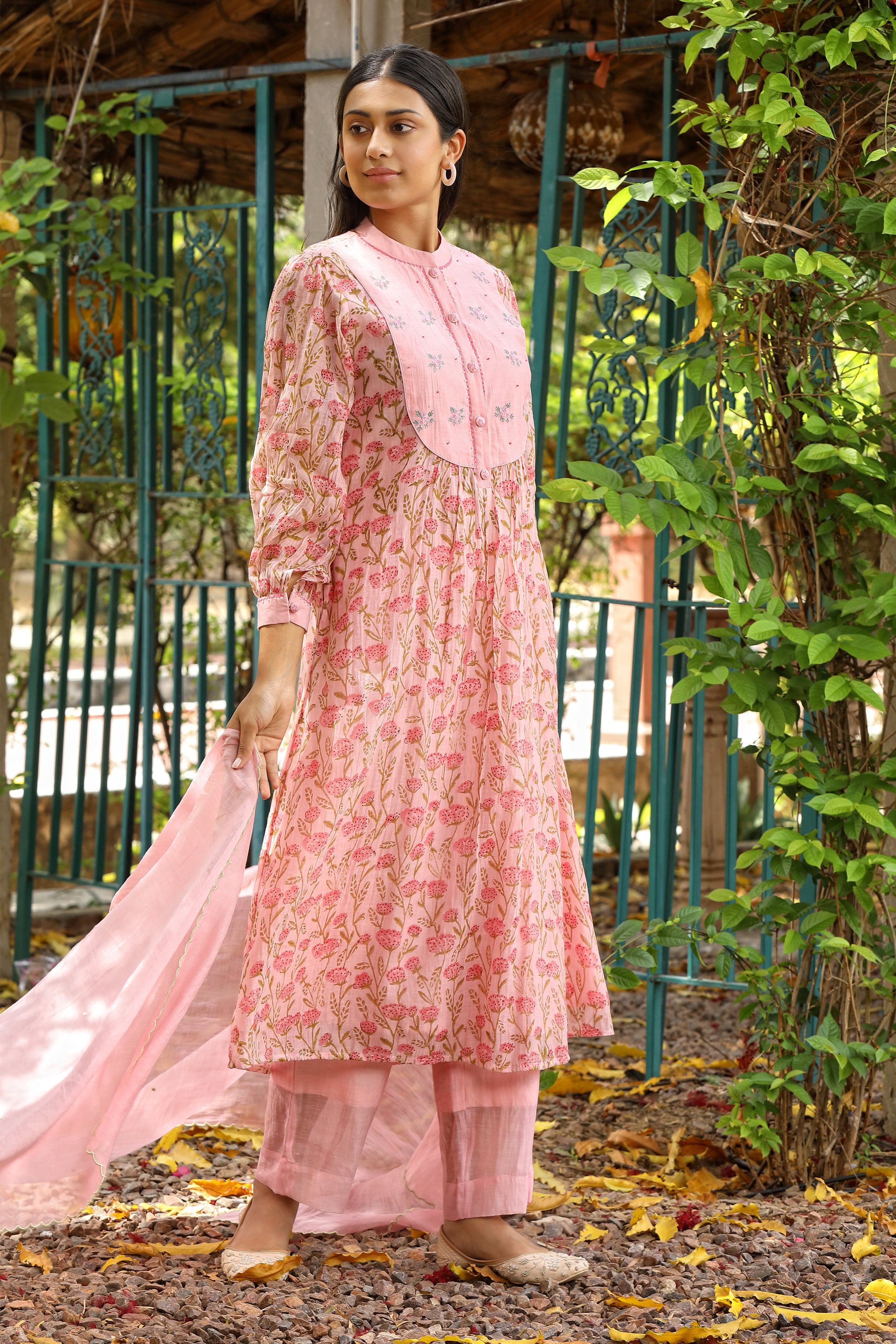 Bougan Suit Set in Pink with Embroidered Dupatta