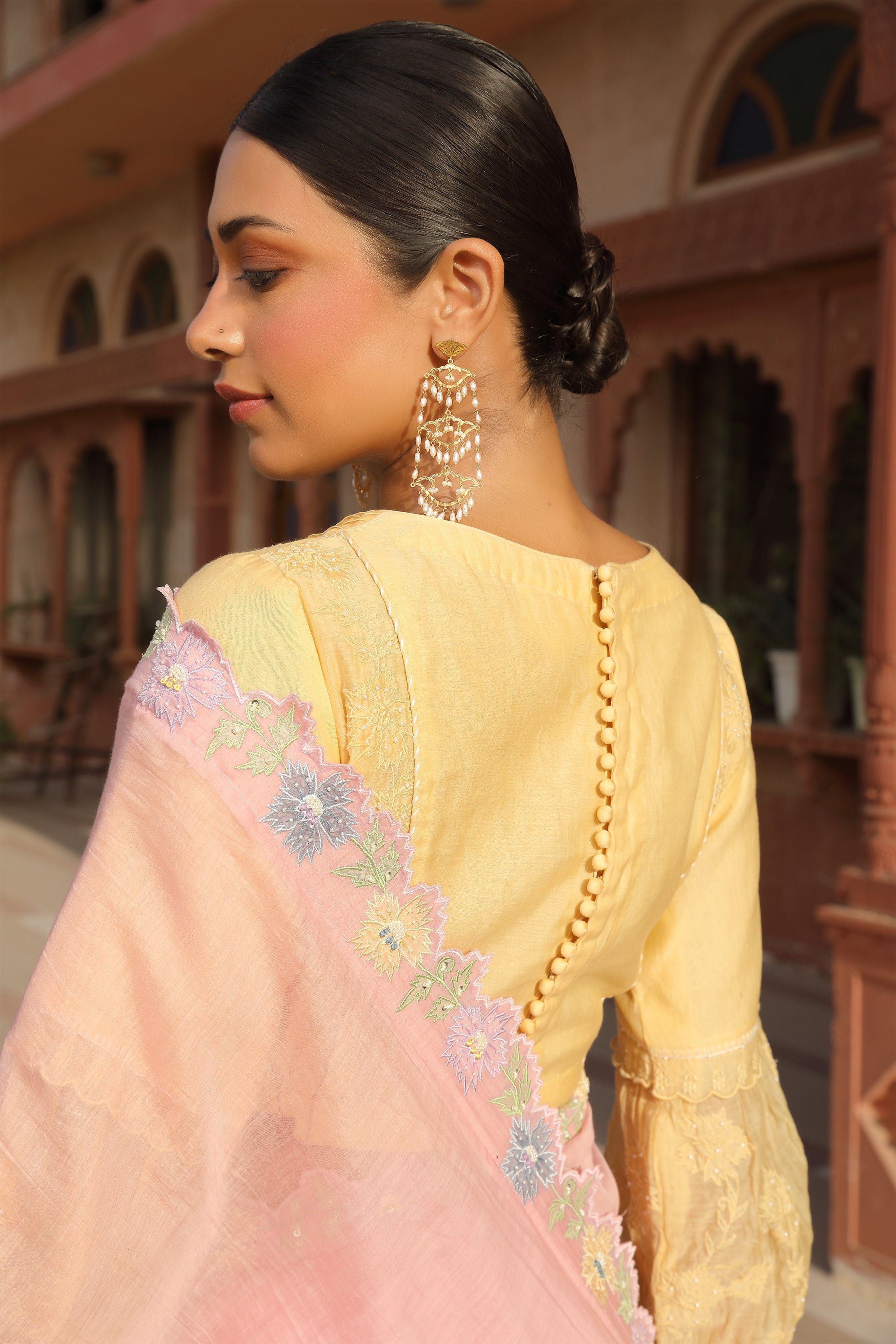 Pink Applique Saree with Multicolor Cutwork Border