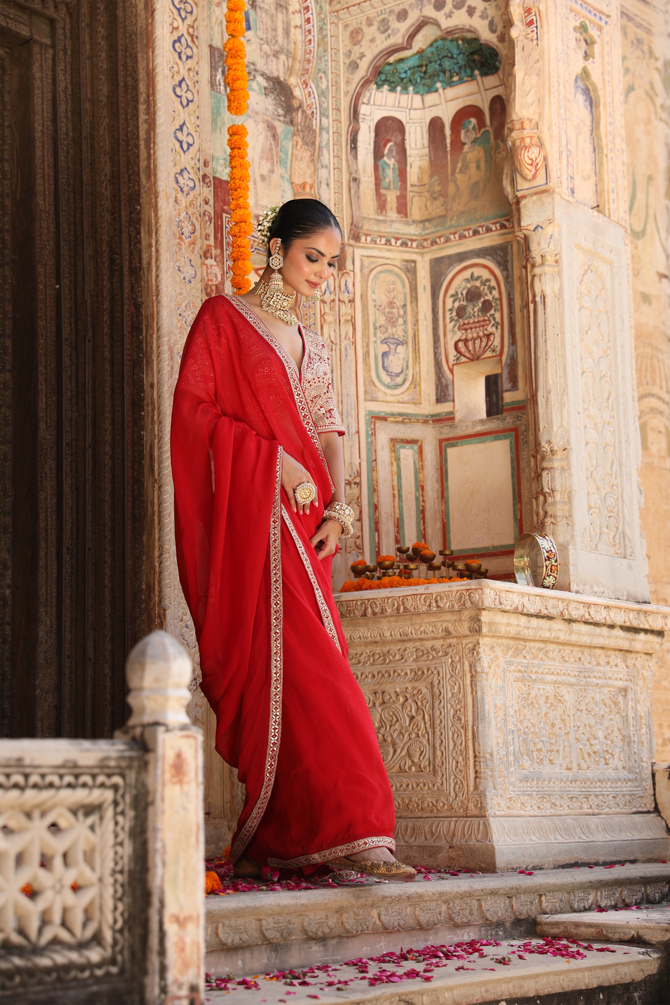Laal Surakh Saree in Red Organza with Marodi Handwork