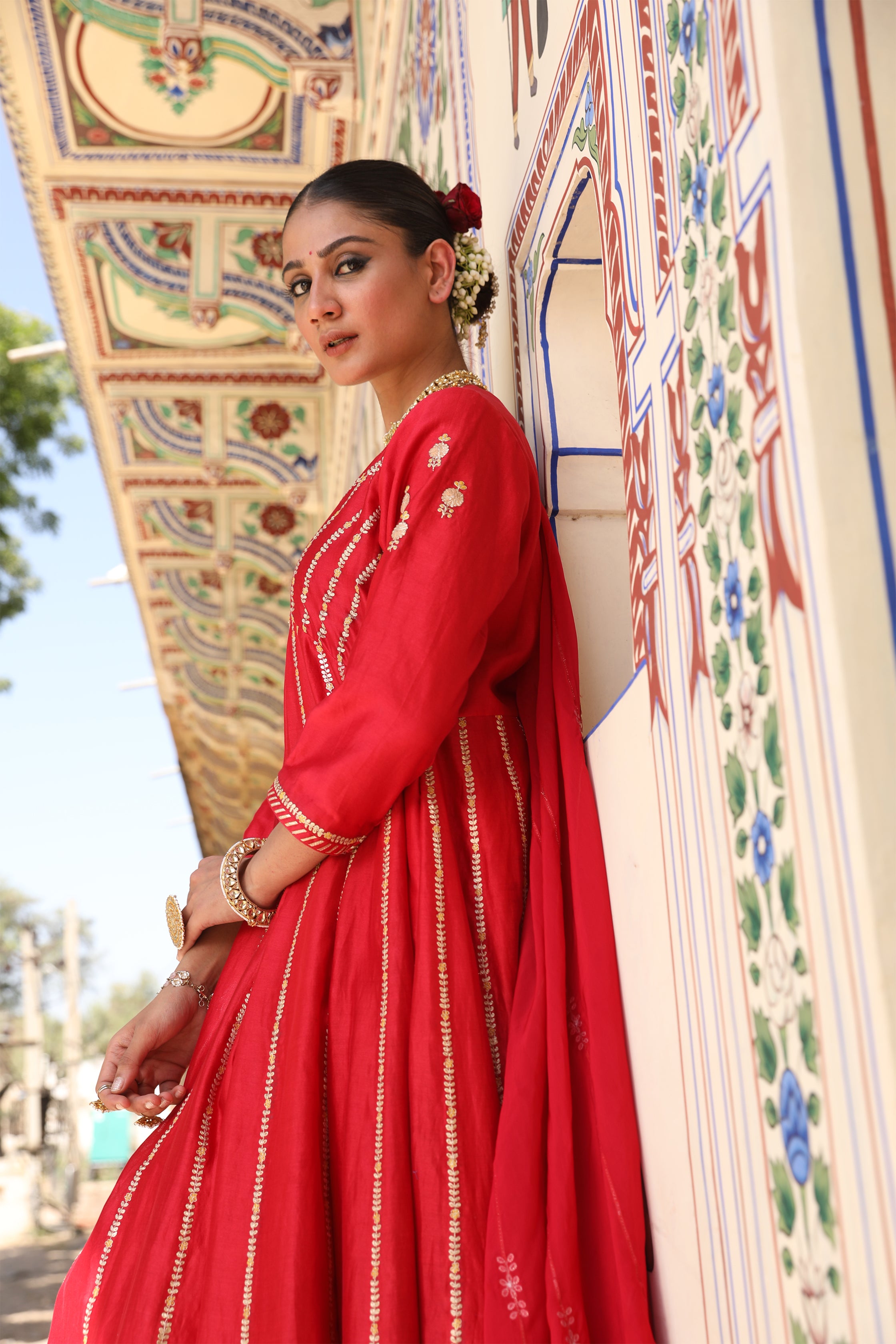 Begam Anarkali Set in Red with Hand Pitta Embroidery