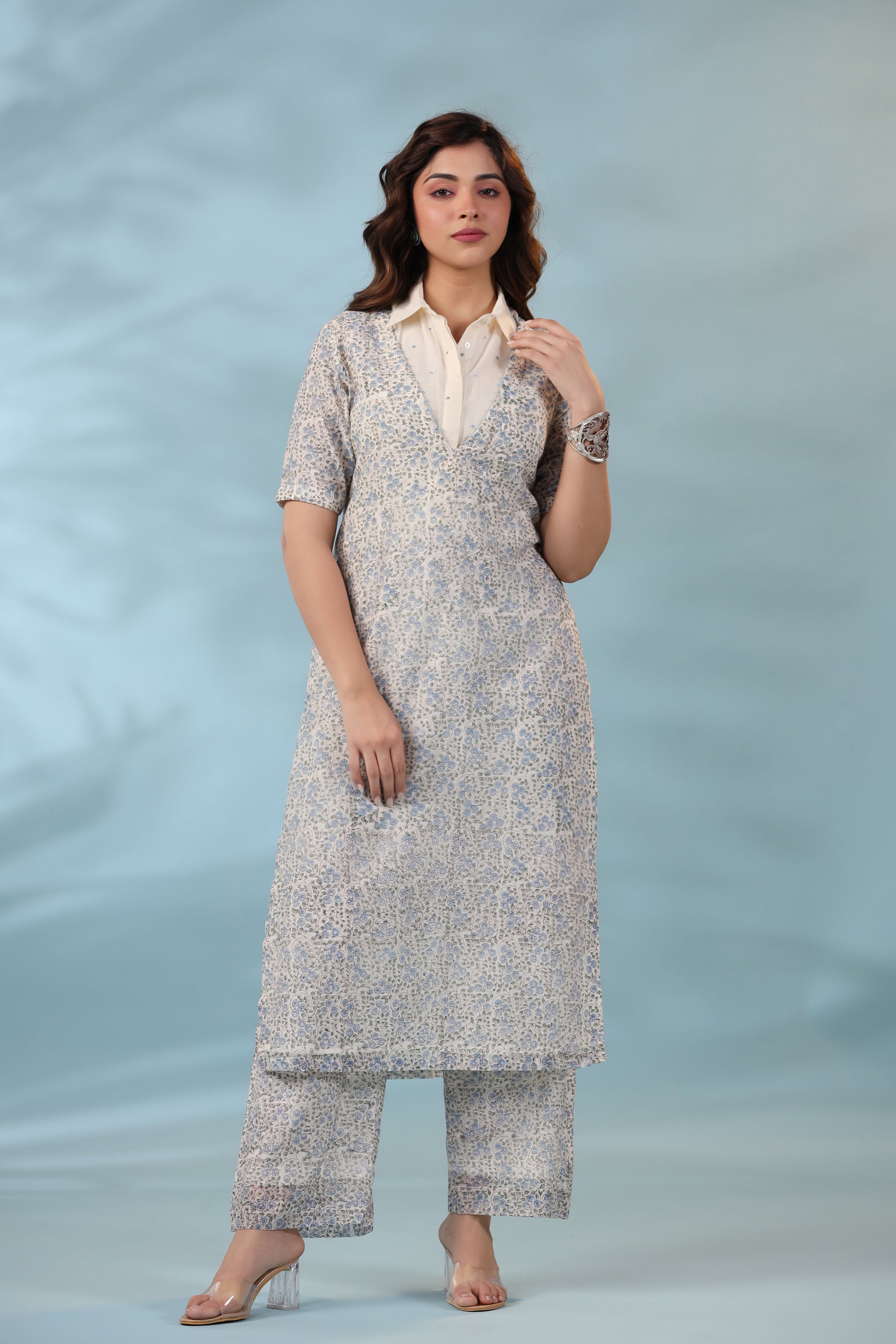 Blue Ocean Boss Co-ord Set with High Slit Kurta and Embellished Detailing