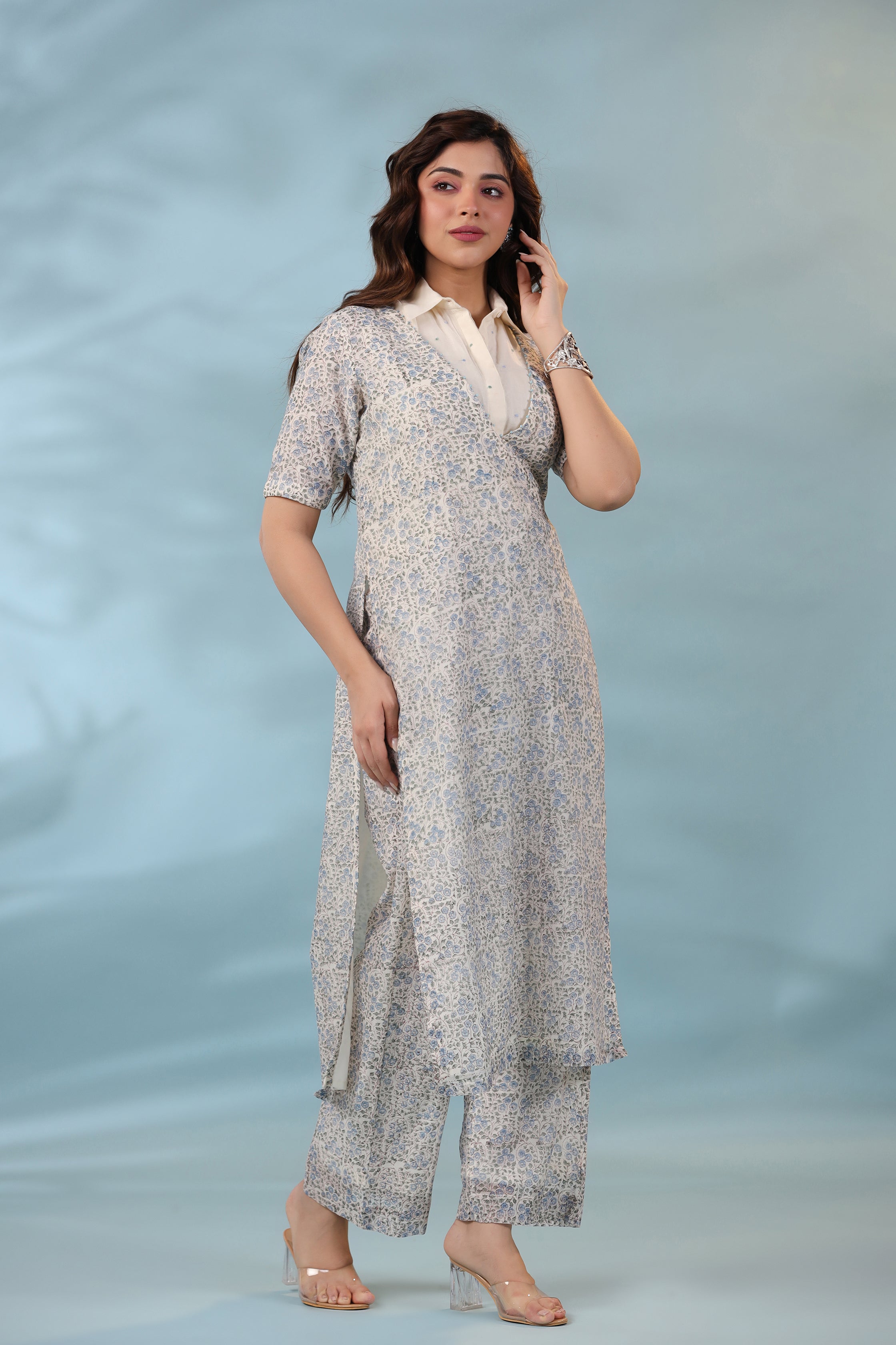 Blue Ocean Boss Co-ord Set with High Slit Kurta and Embellished Detailing