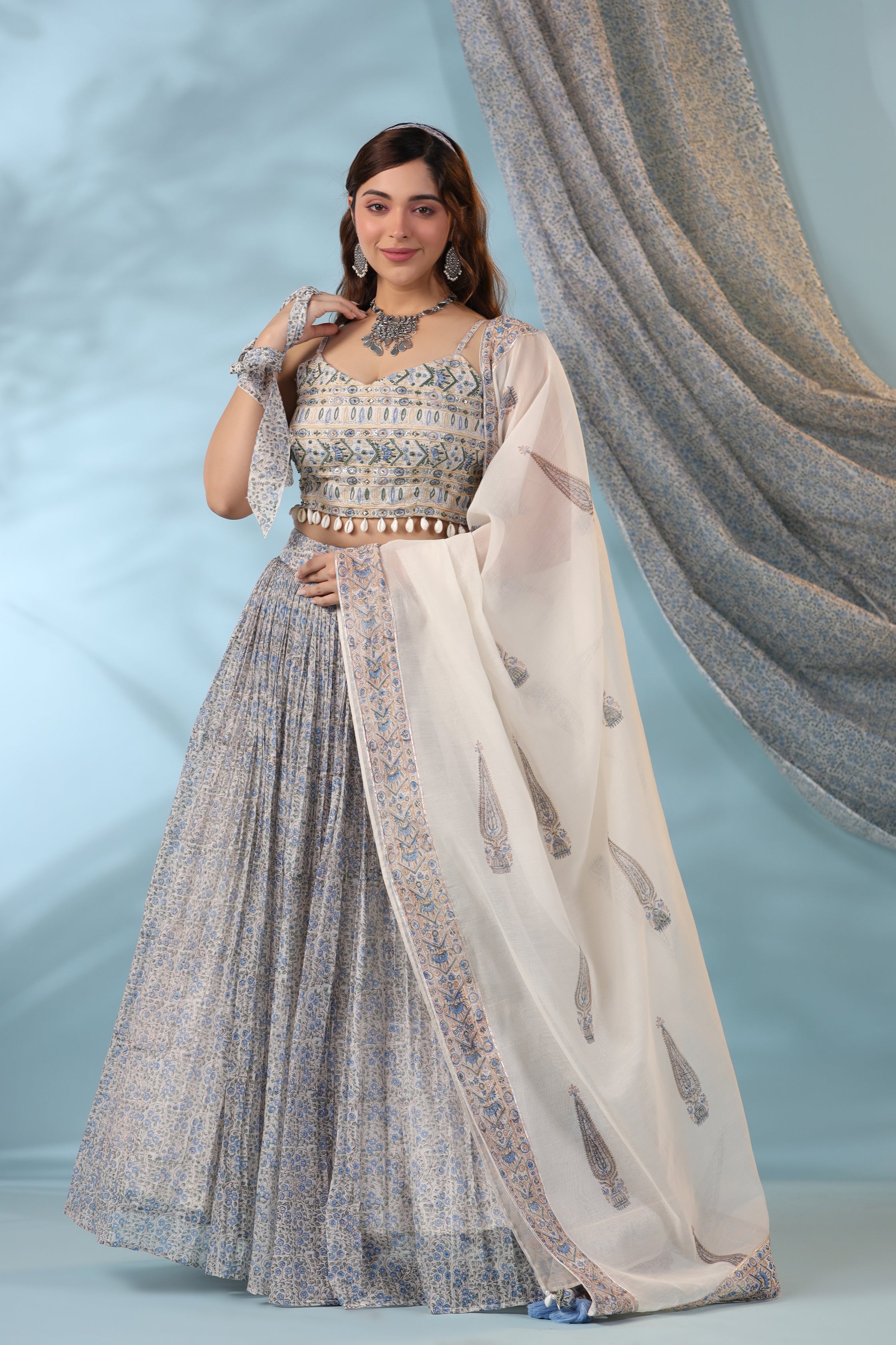 Blue Ivory Lehenga Set with Embellished Blouse and Block Print Dupatta
