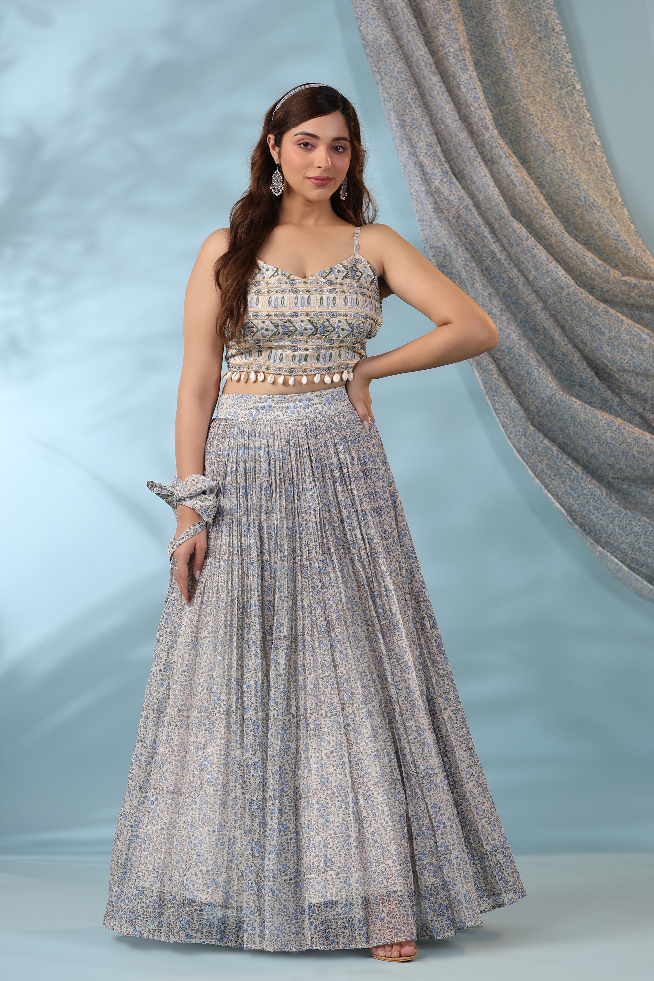 Blue Ivory Lehenga Set with Embellished Blouse and Block Print Dupatta
