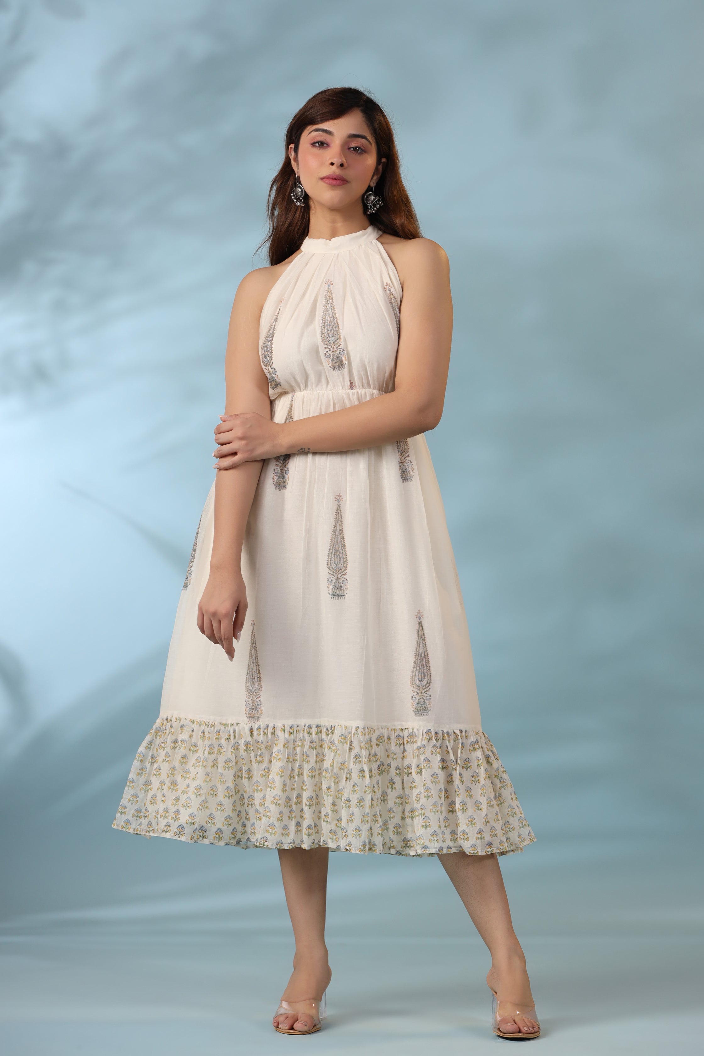 Ivory Halter Dress with Pleated Neck and Soft Gathers