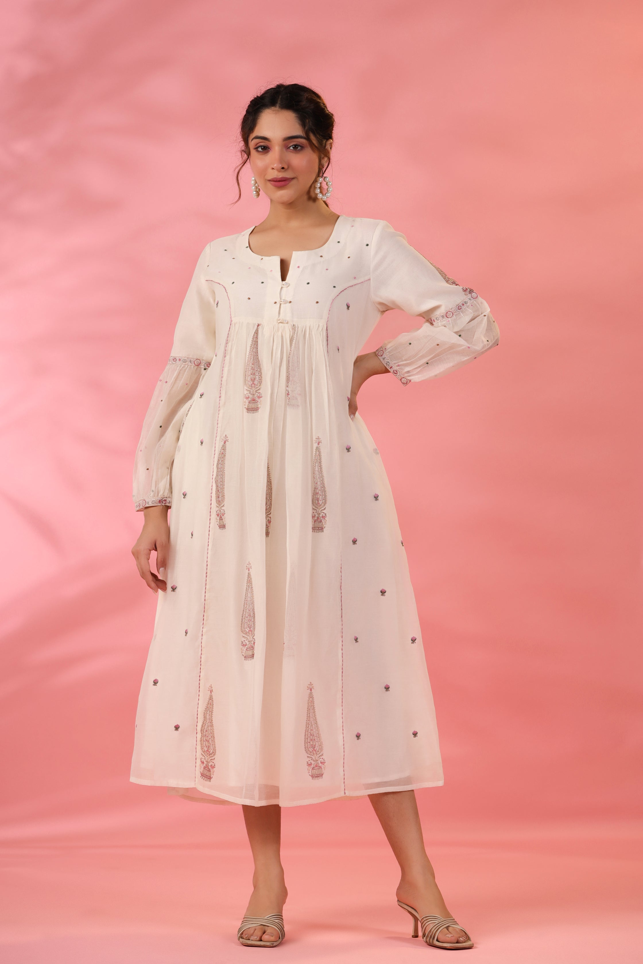 Gul Gather Kurta Set with Floral Embroidery and A-line Silhouette