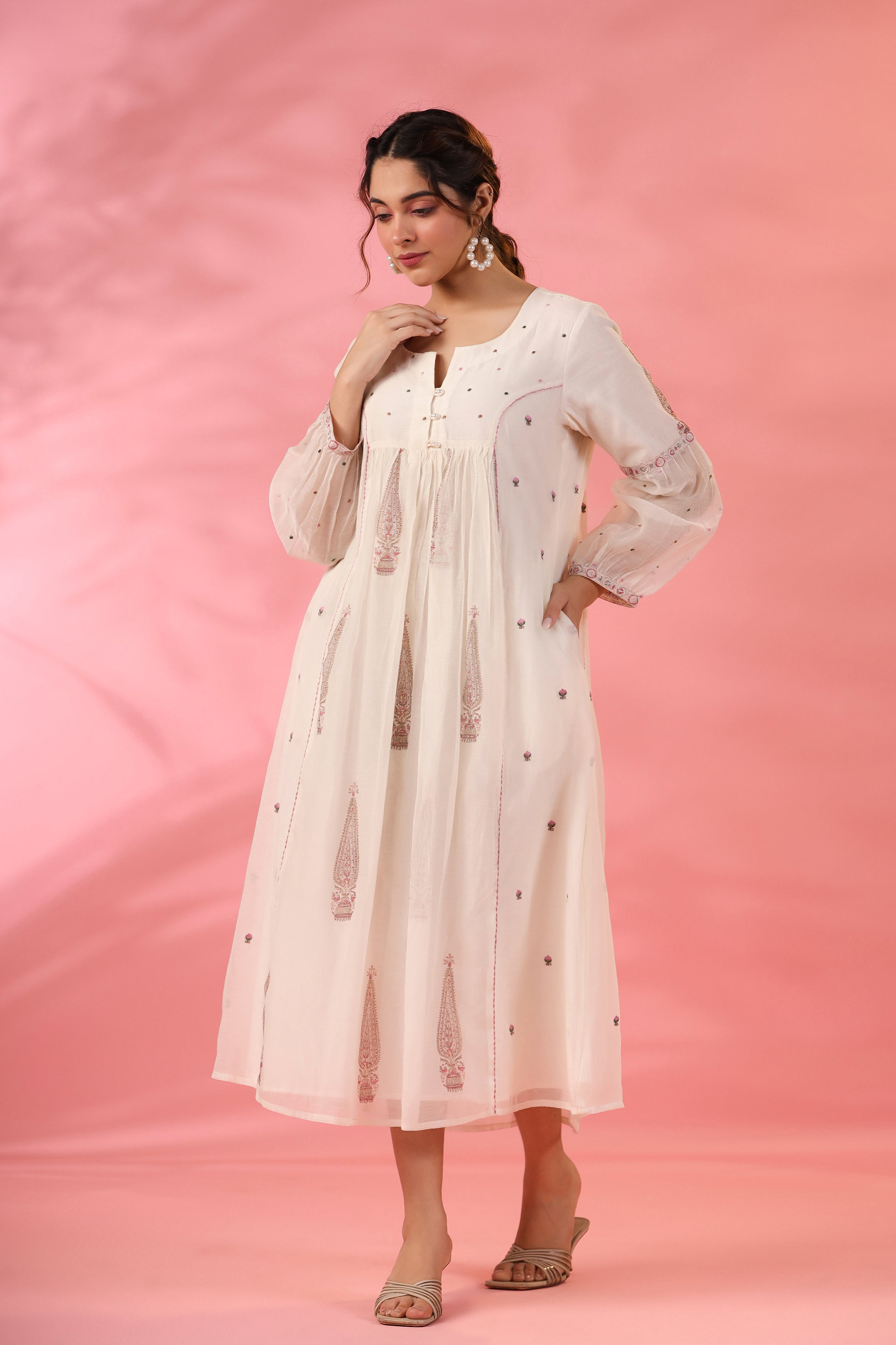 Gul Gather Kurta Set with Floral Embroidery and A-line Silhouette