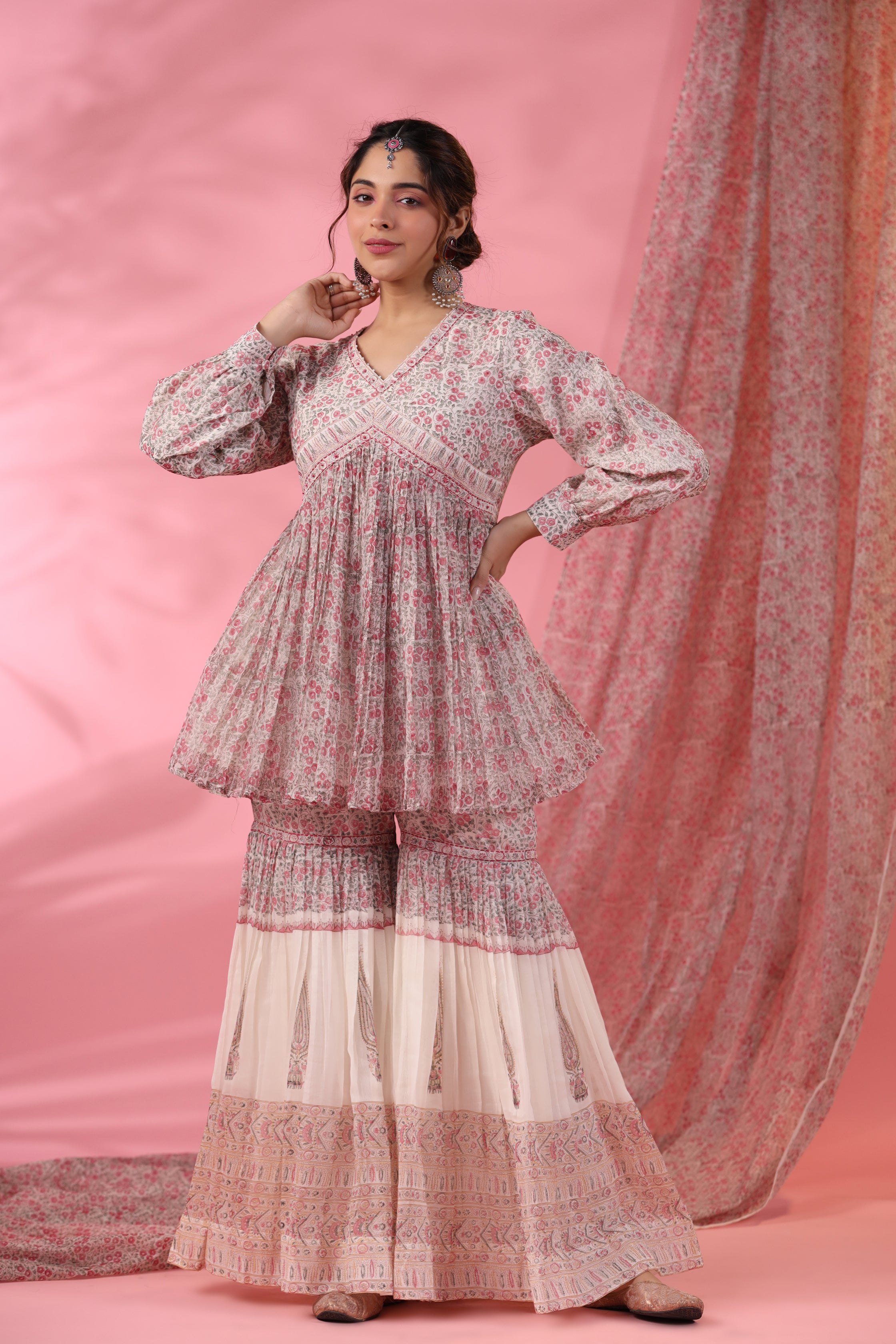 Gulmohar Sharara Top Set with Bead and Kantha Detailing