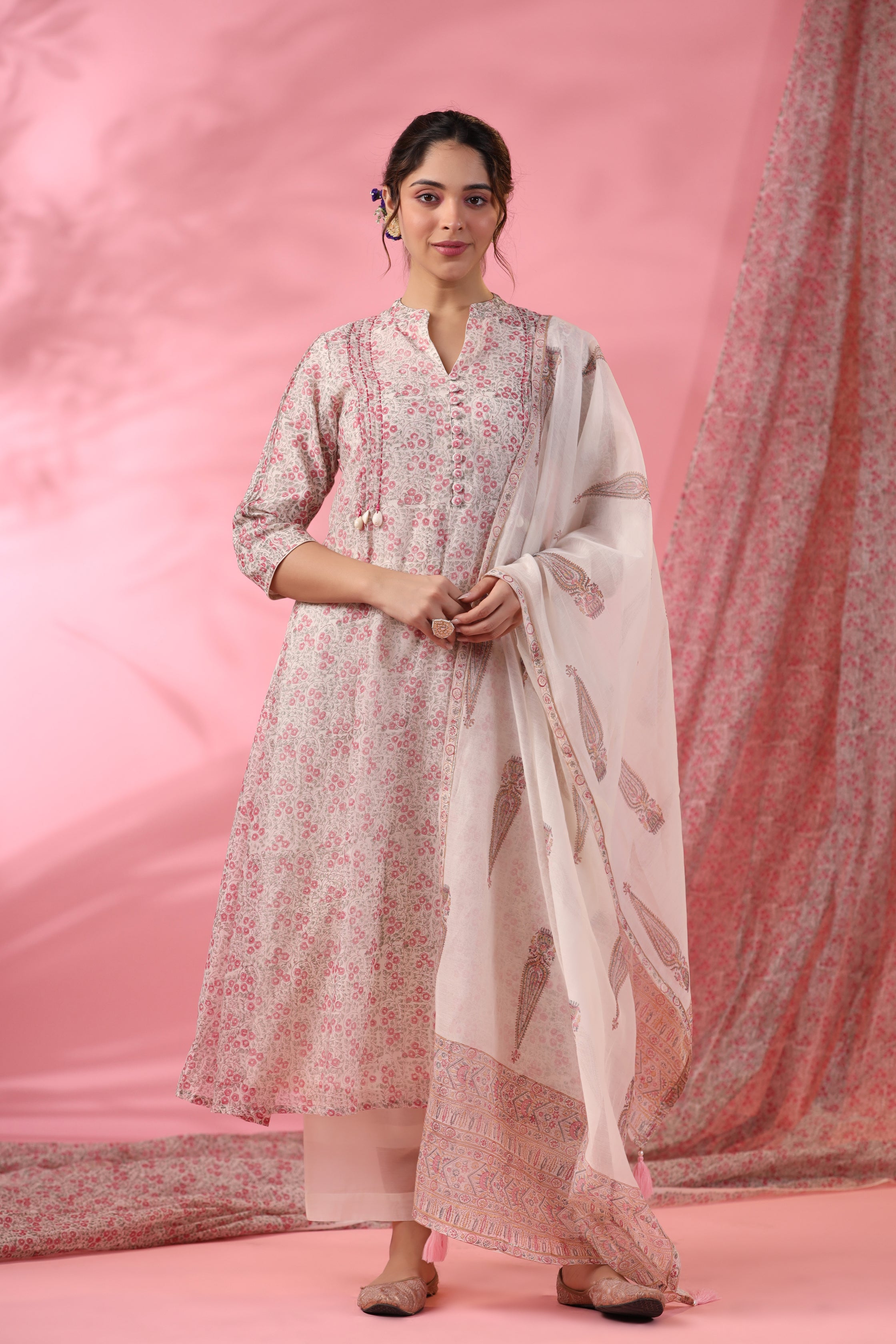 Gulbagh Box Pleated Suit Set with Hand Kantha and Shell Detailing