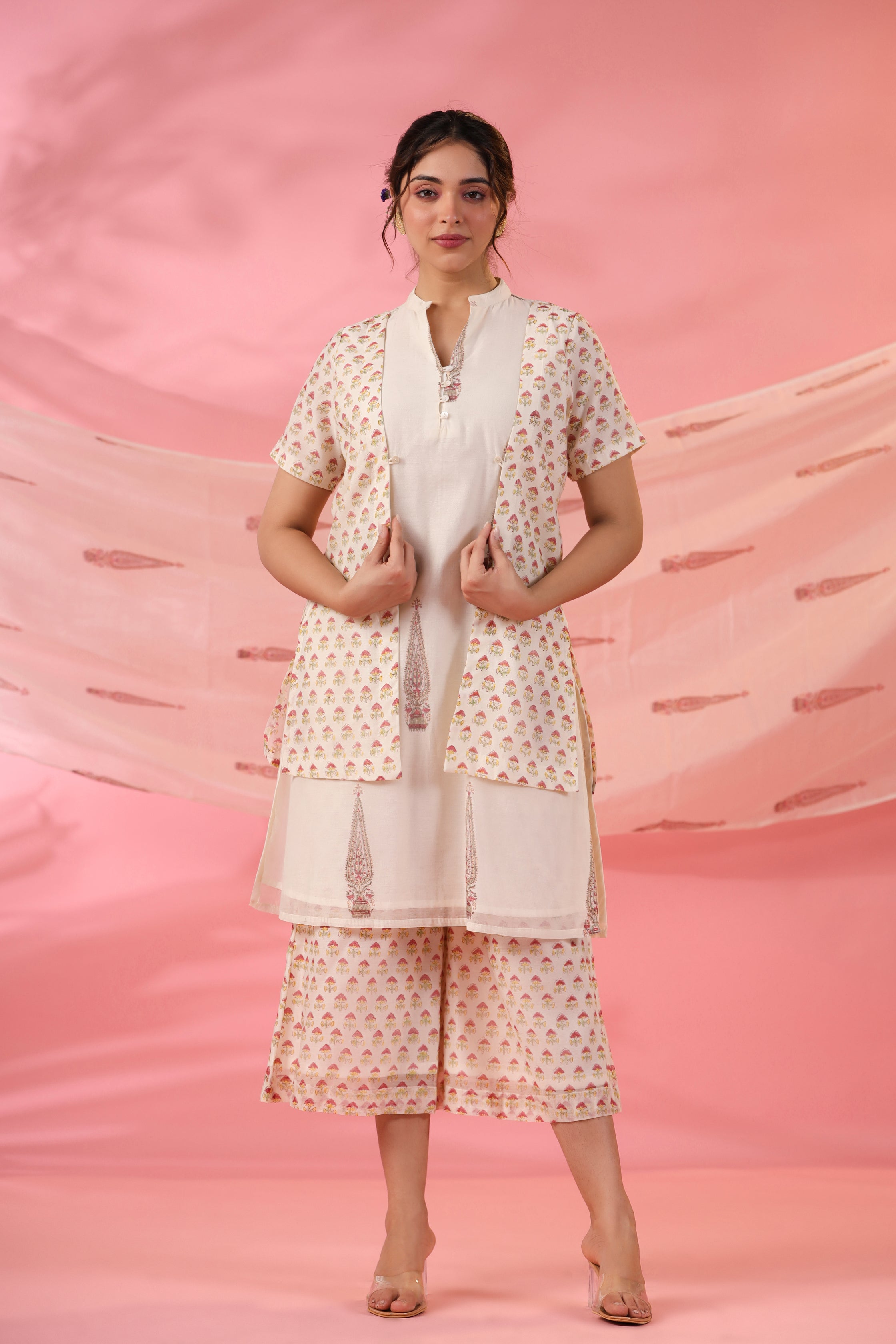Sana Short Jacket Kurta with Printed Culottes Co-ord Set