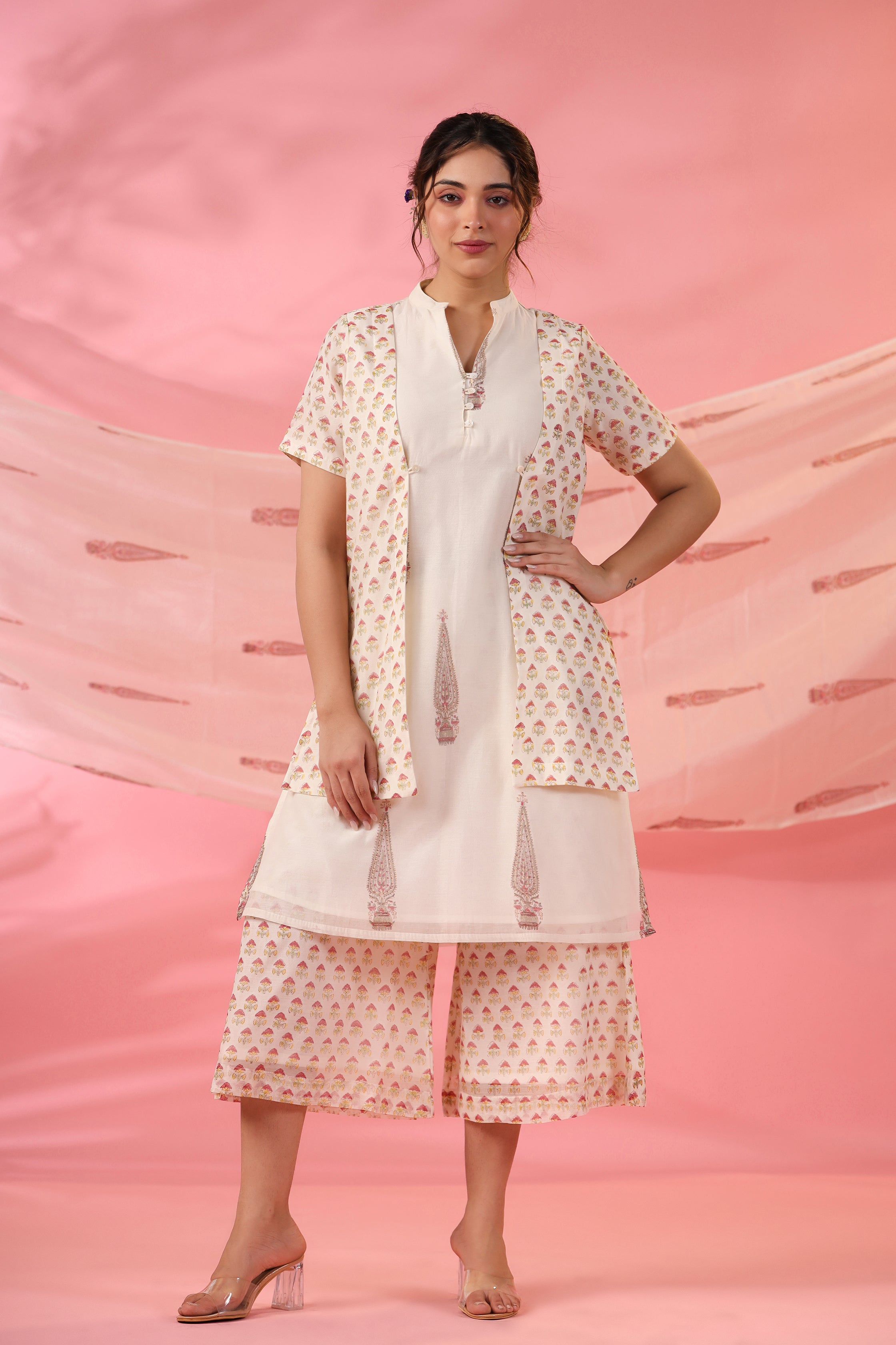 Sana Short Jacket Kurta with Printed Culottes Co-ord Set