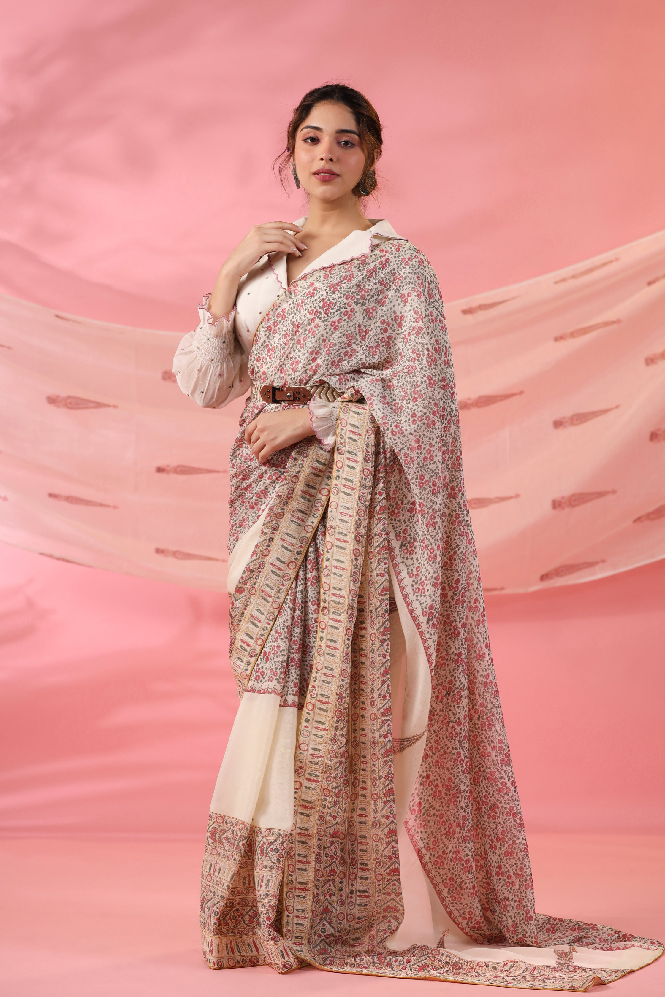 Gulposh Drape Saree Set with Hand-Embroidered Blouse and Belt
