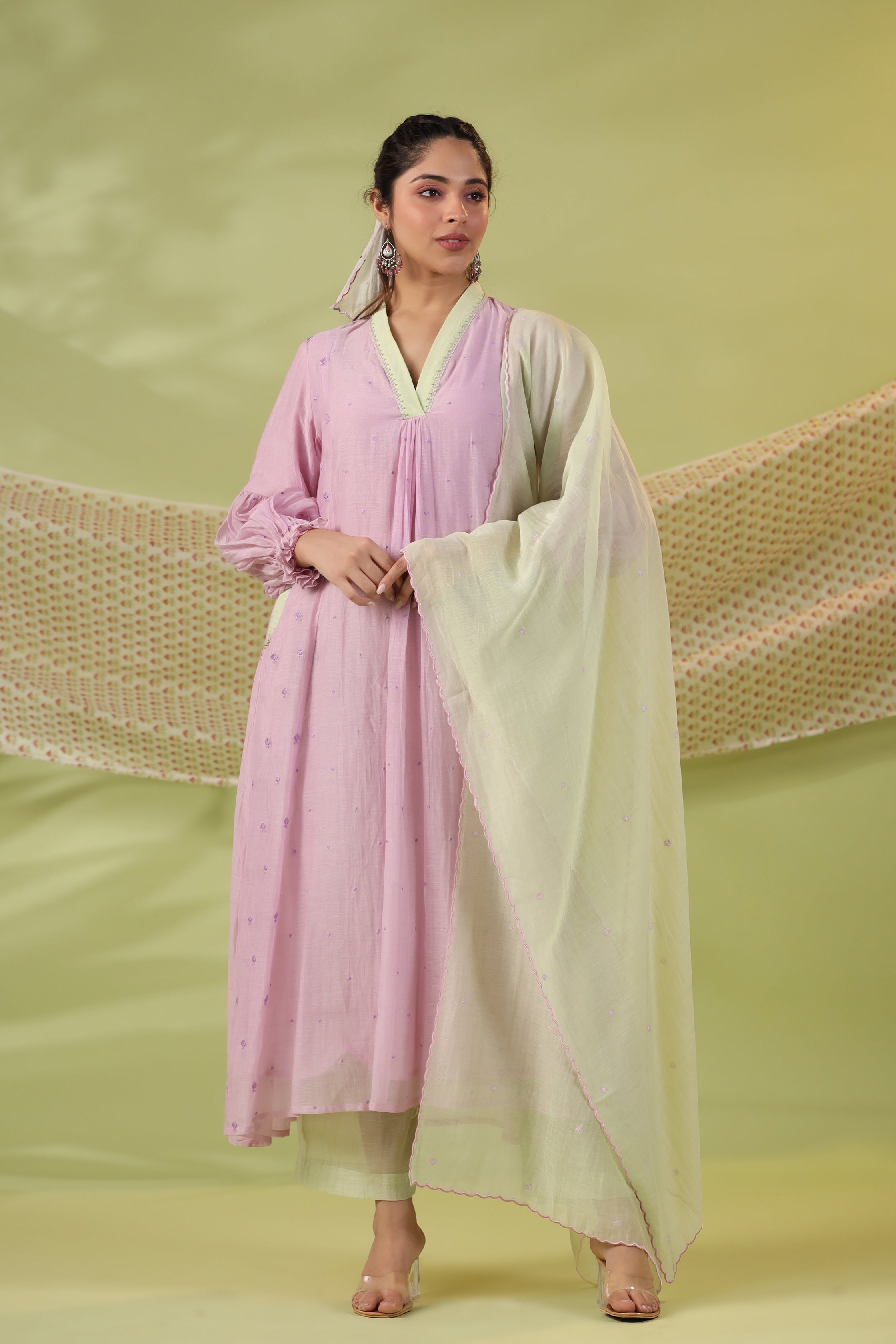 Lilac Garden Kurta with Overlap Collar and Handcrafted Embroidery