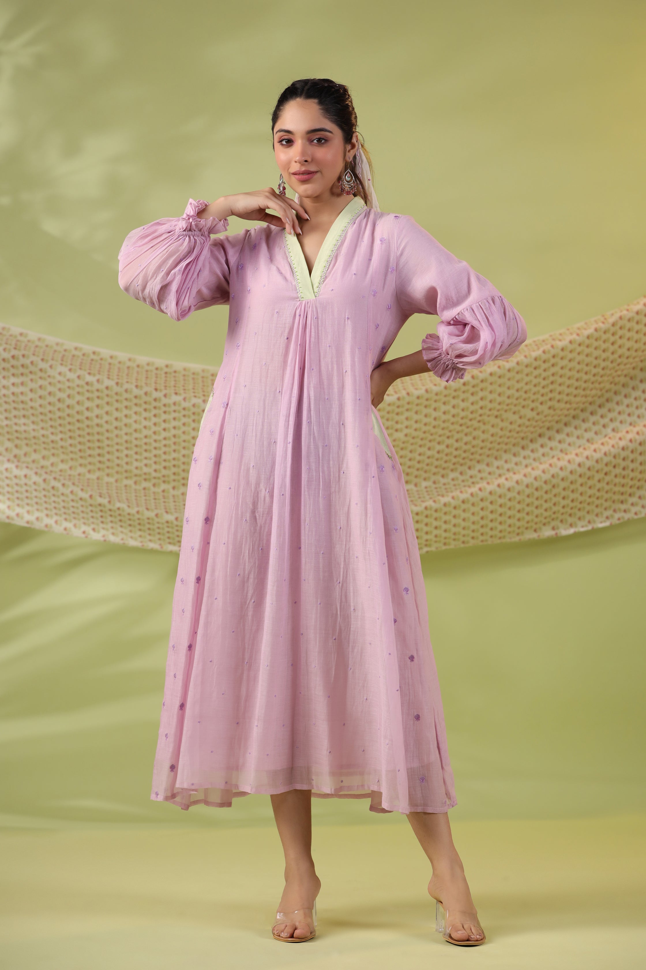 Lilac Garden Kurta with Overlap Collar and Handcrafted Embroidery