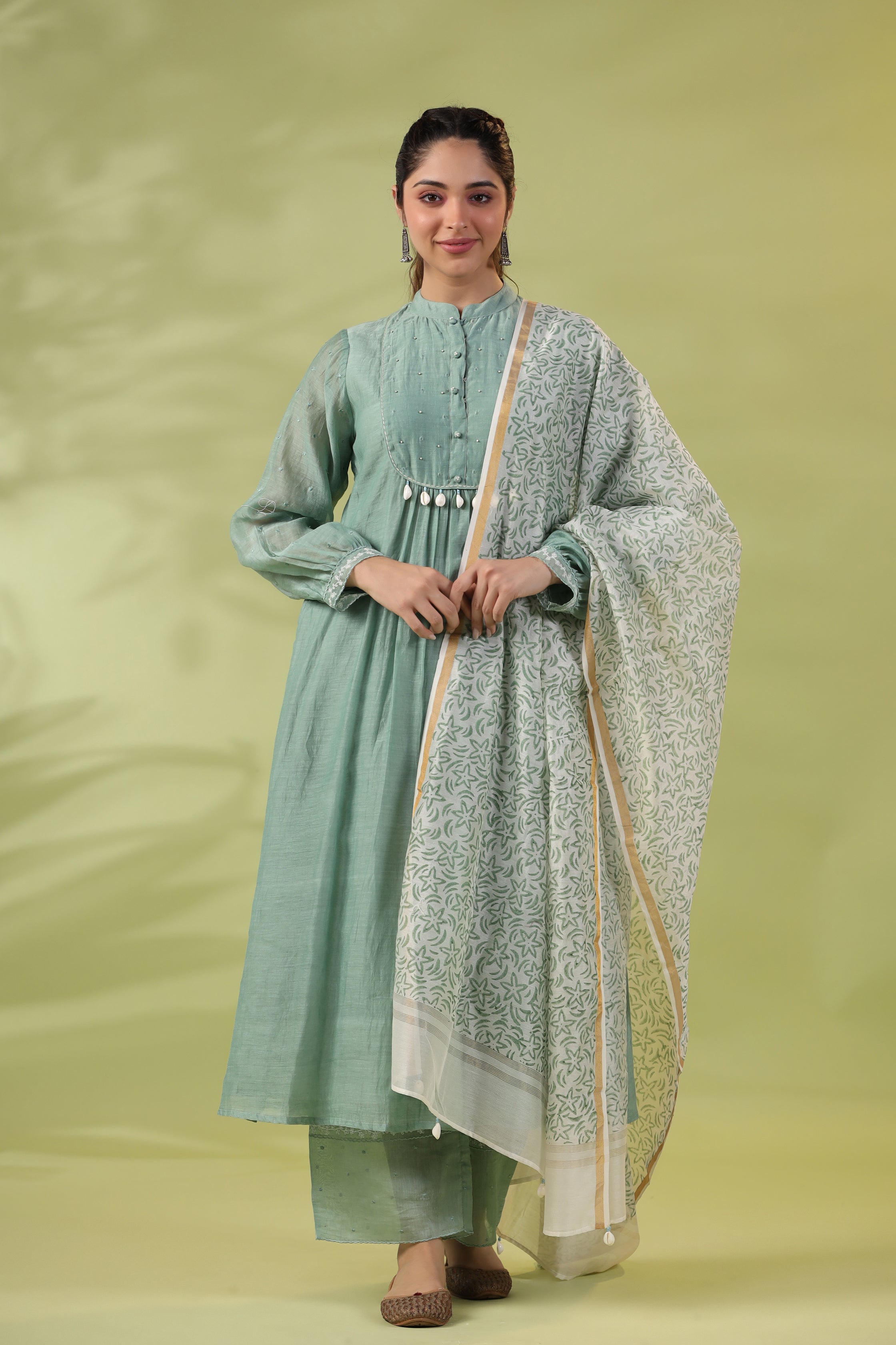 Sage Green Kurta Set with Hand Kantha Work and Bead Detailing