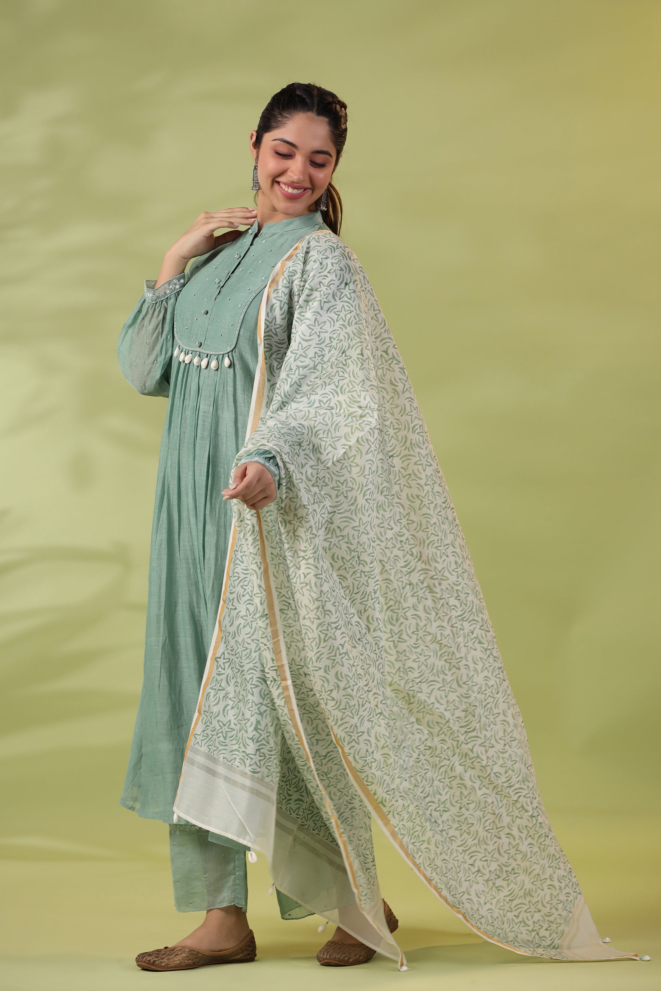 Sage Green Kurta Set with Hand Kantha Work and Bead Detailing