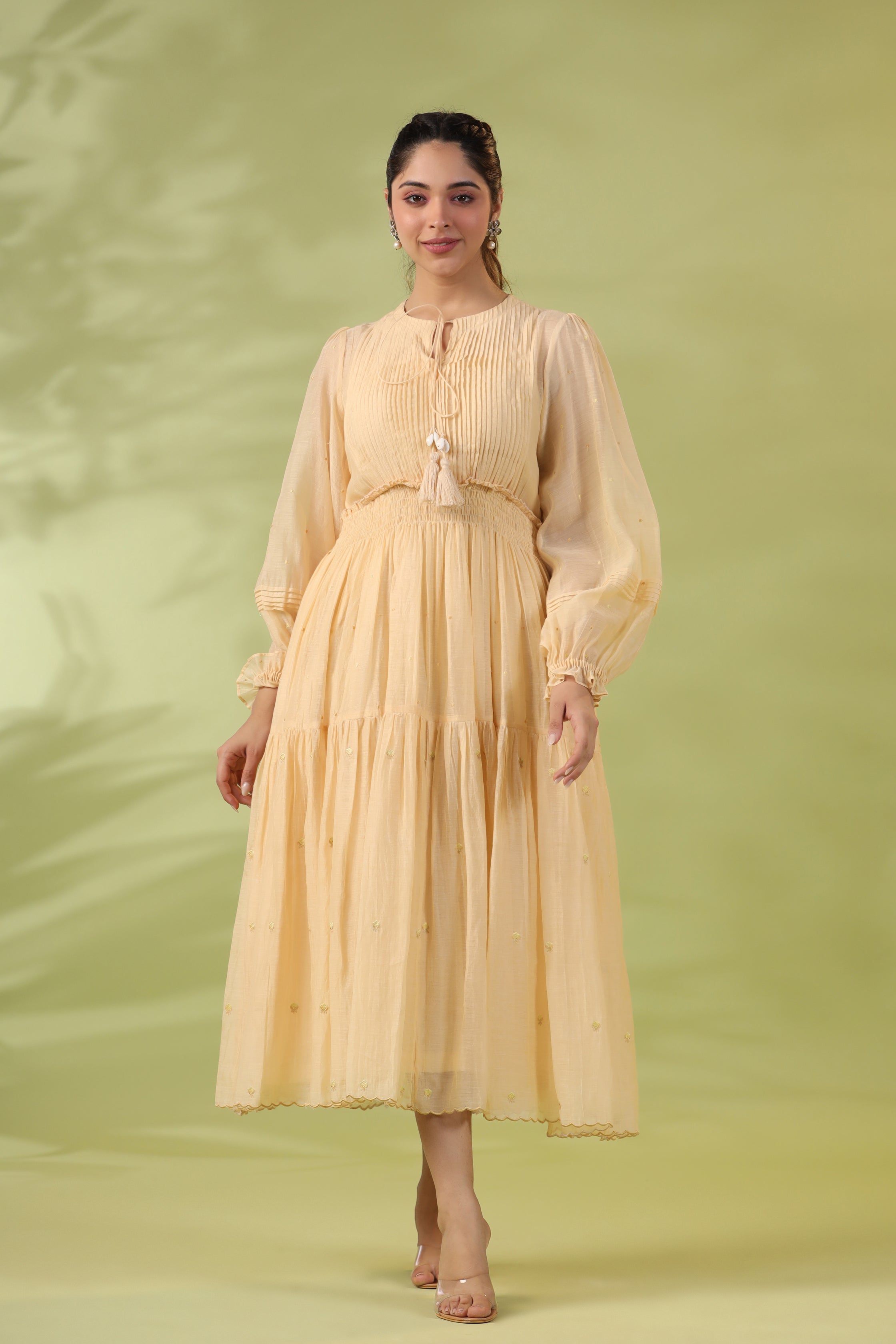 Amber Layered Dress with Pleated Yoke and Smocked Waist