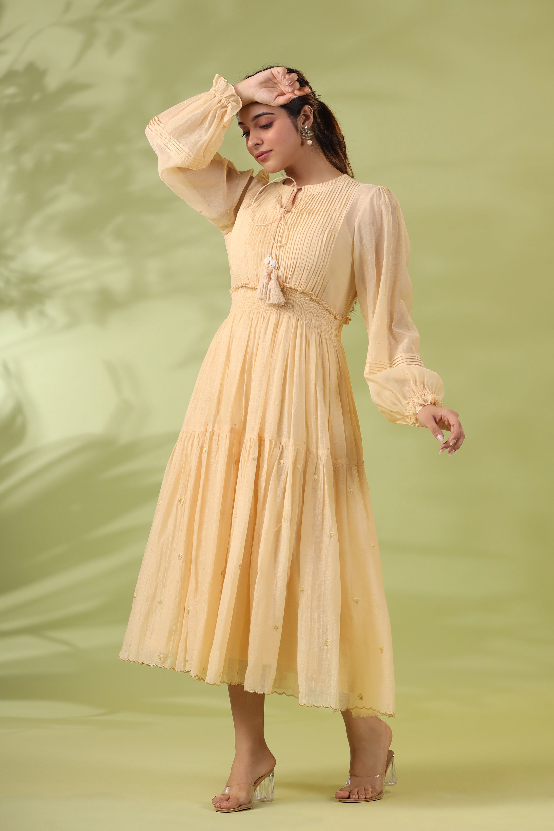 Amber Layered Dress with Pleated Yoke and Smocked Waist
