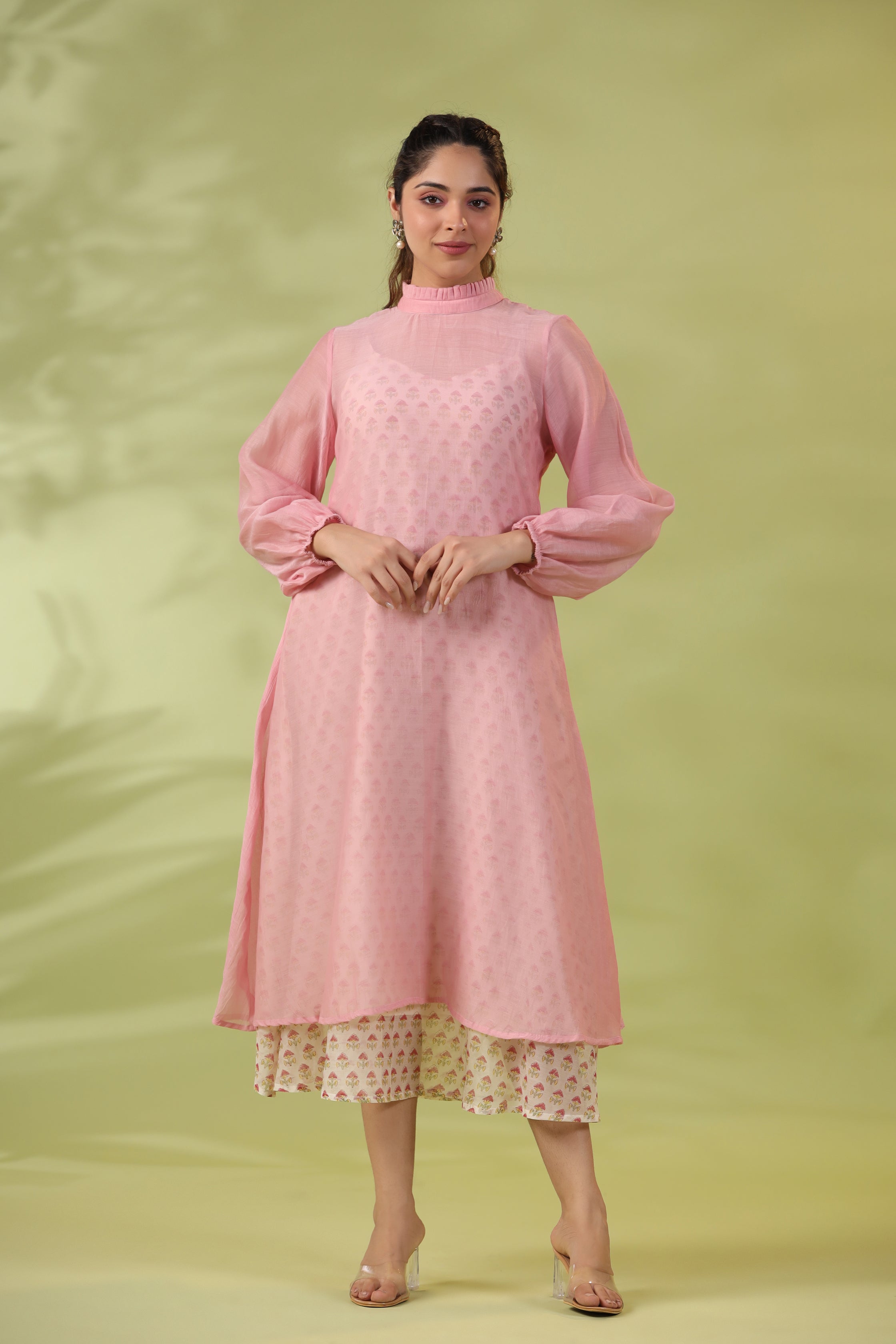 Simoni Double-Layer Dress with Floral Inner and Frill Detailing