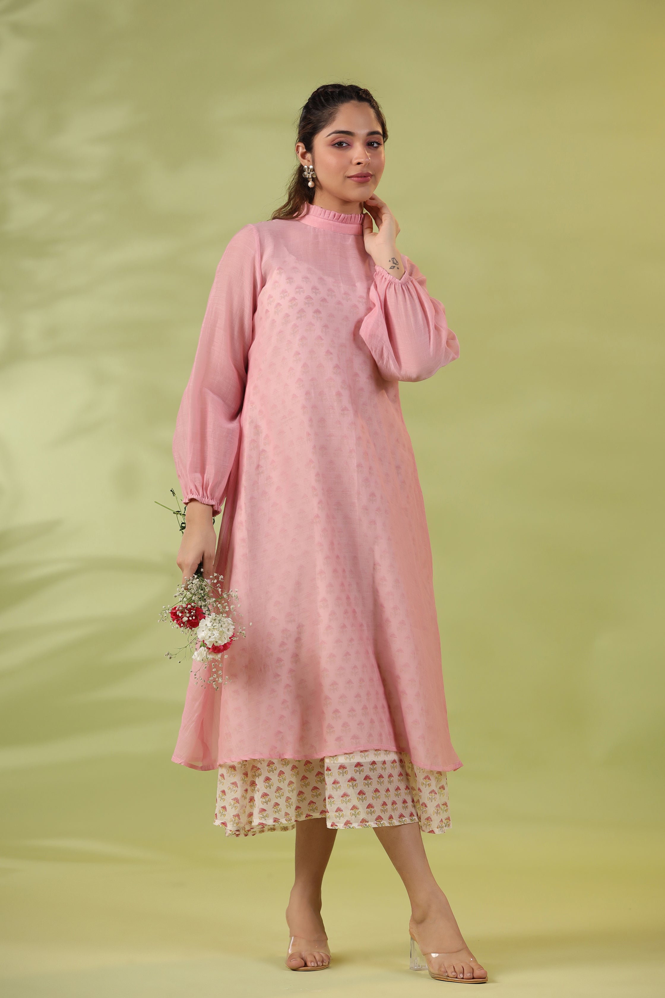 Simoni Double-Layer Dress with Floral Inner and Frill Detailing