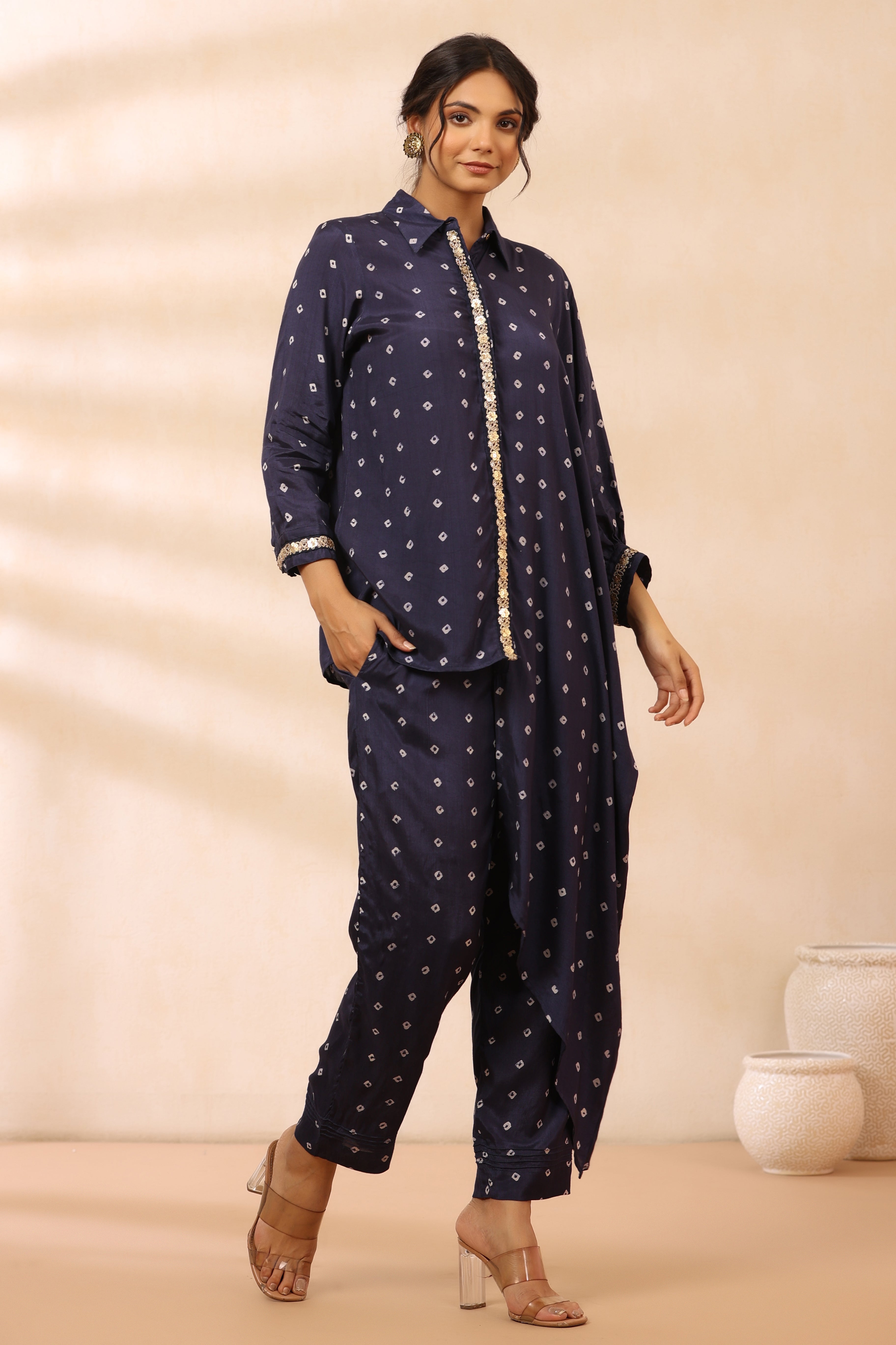 Navy Drop Drape Shirt Set