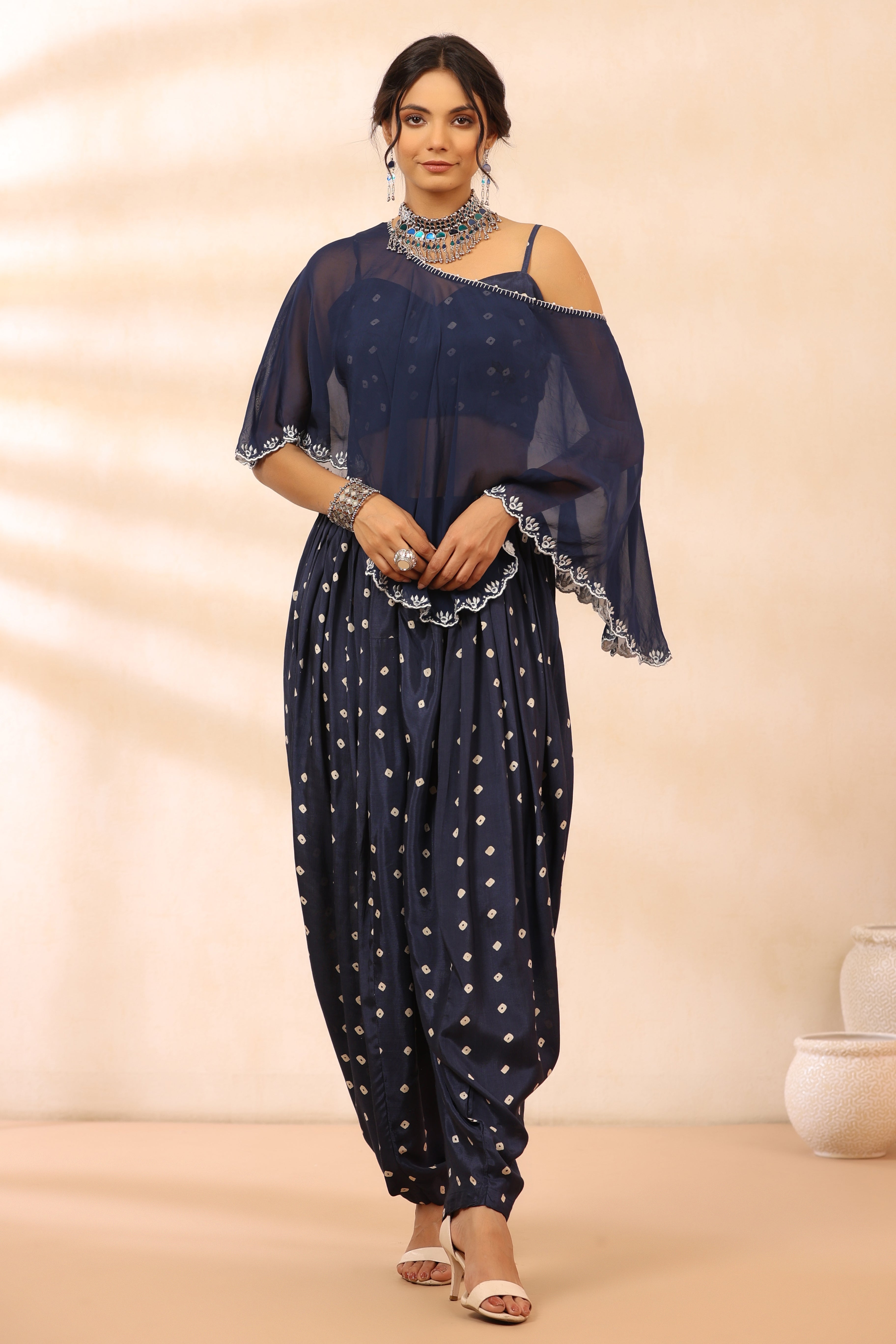 Bandhani Blue Poncho Set