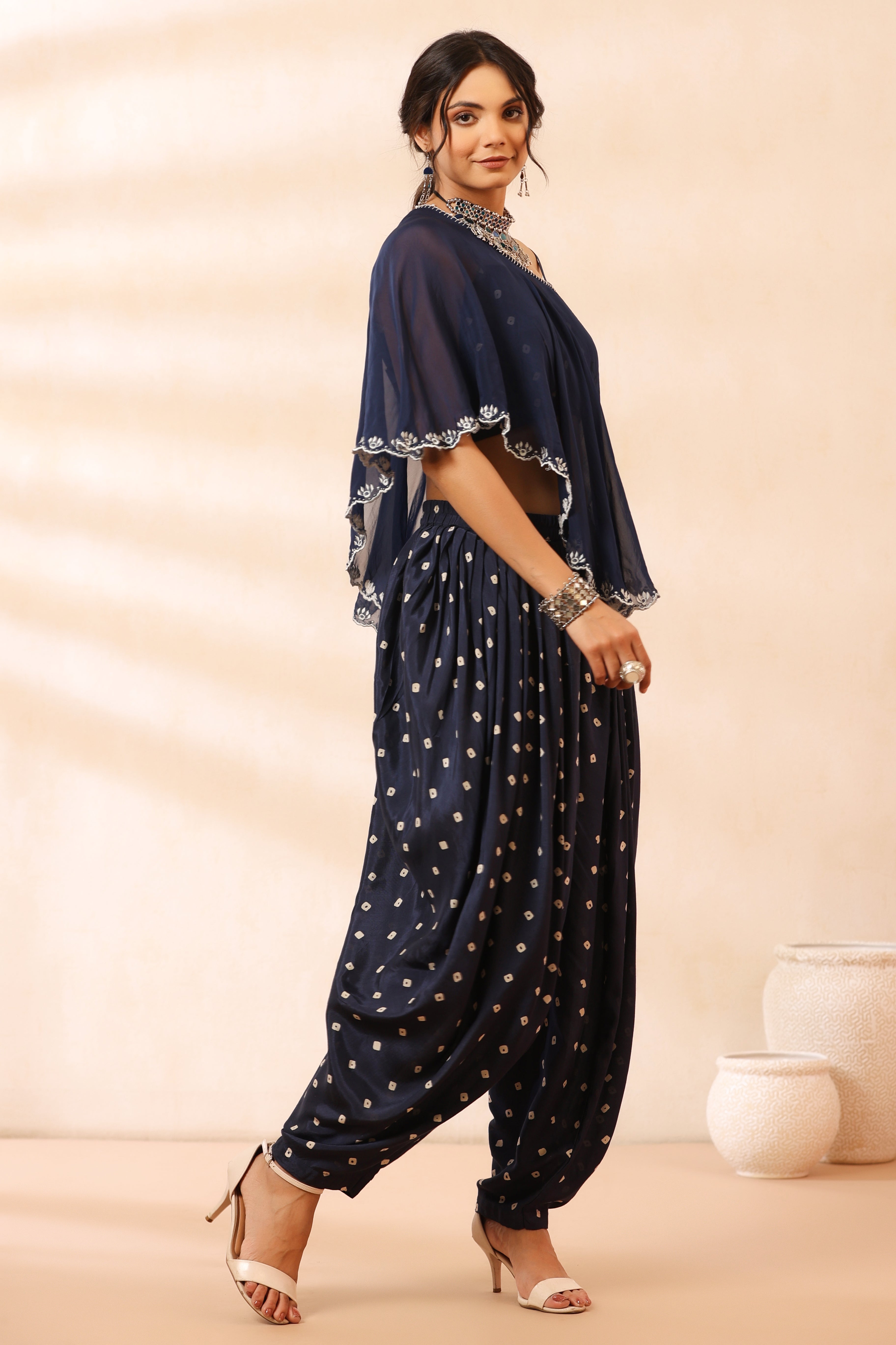 Bandhani Blue Poncho Set