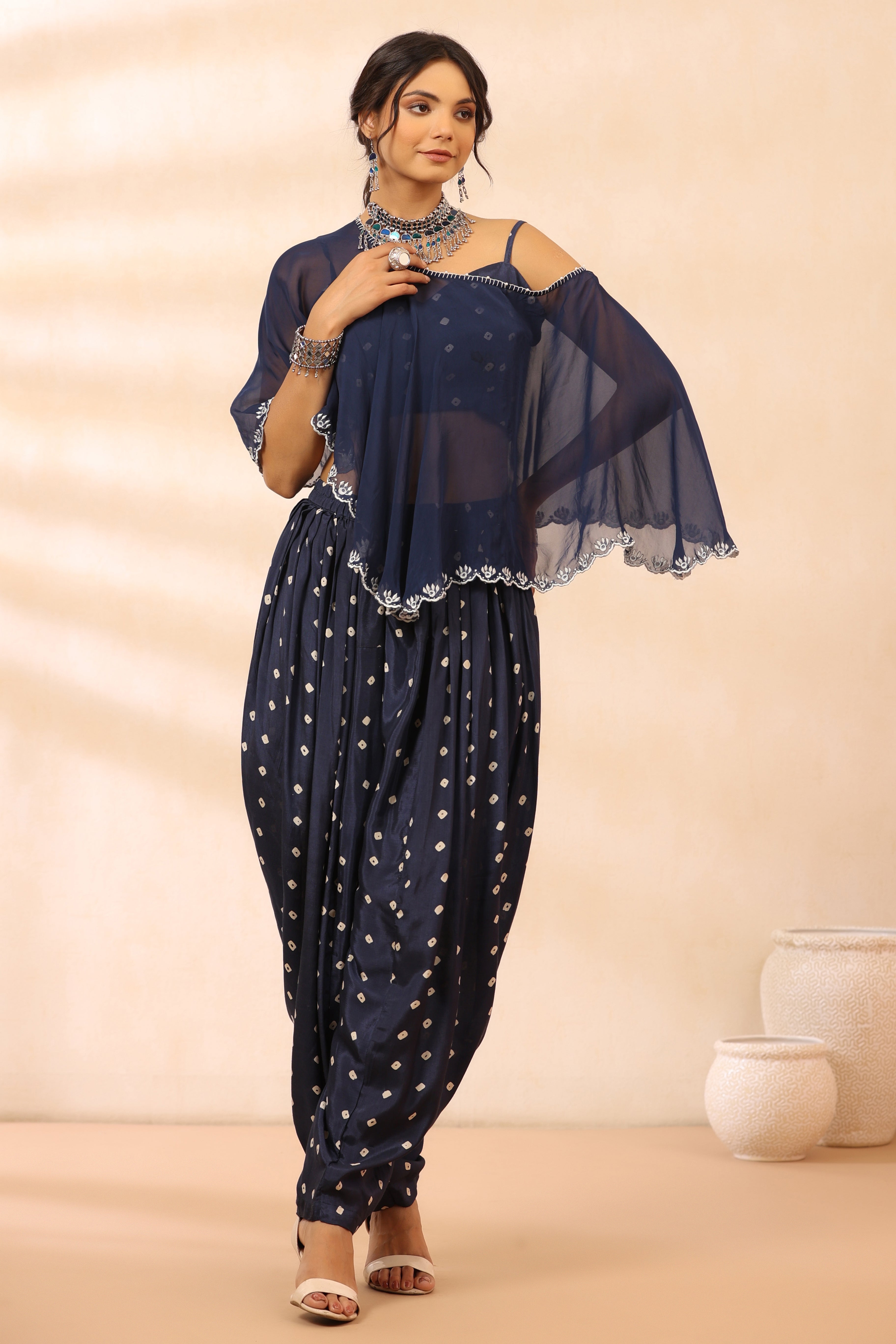 Bandhani Blue Poncho Set