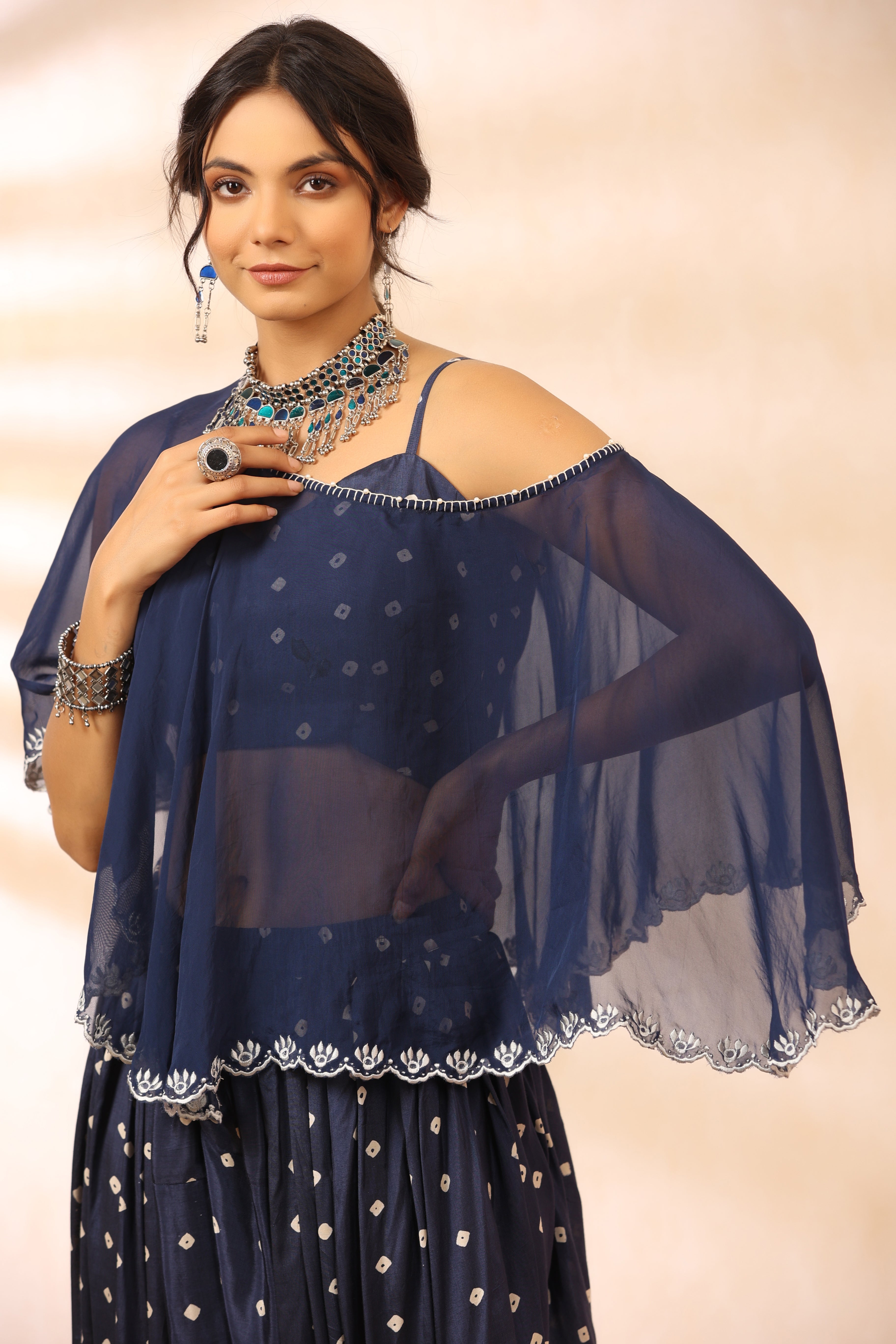 Bandhani Blue Poncho Set